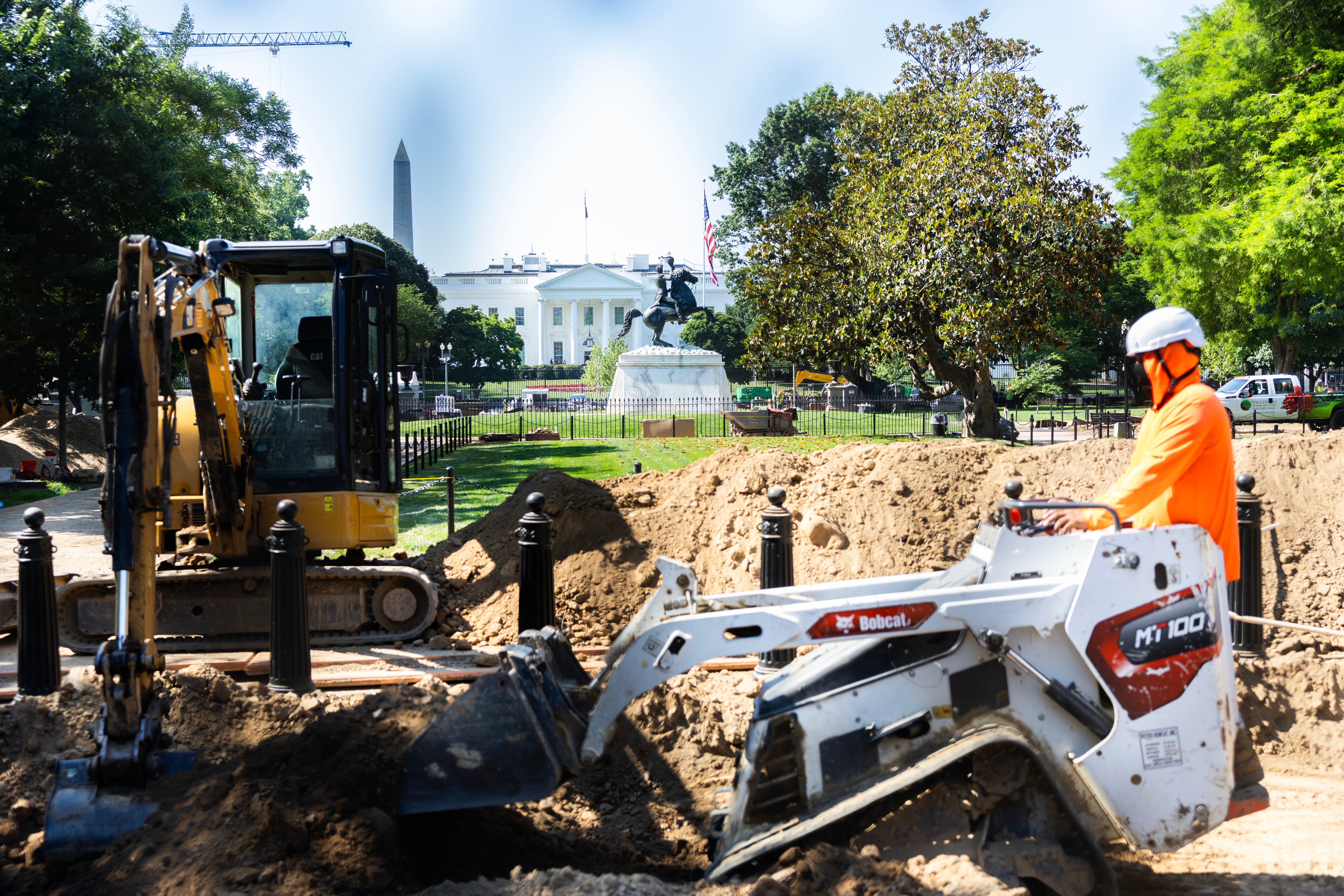 Works in the park facing the north side of the White House.