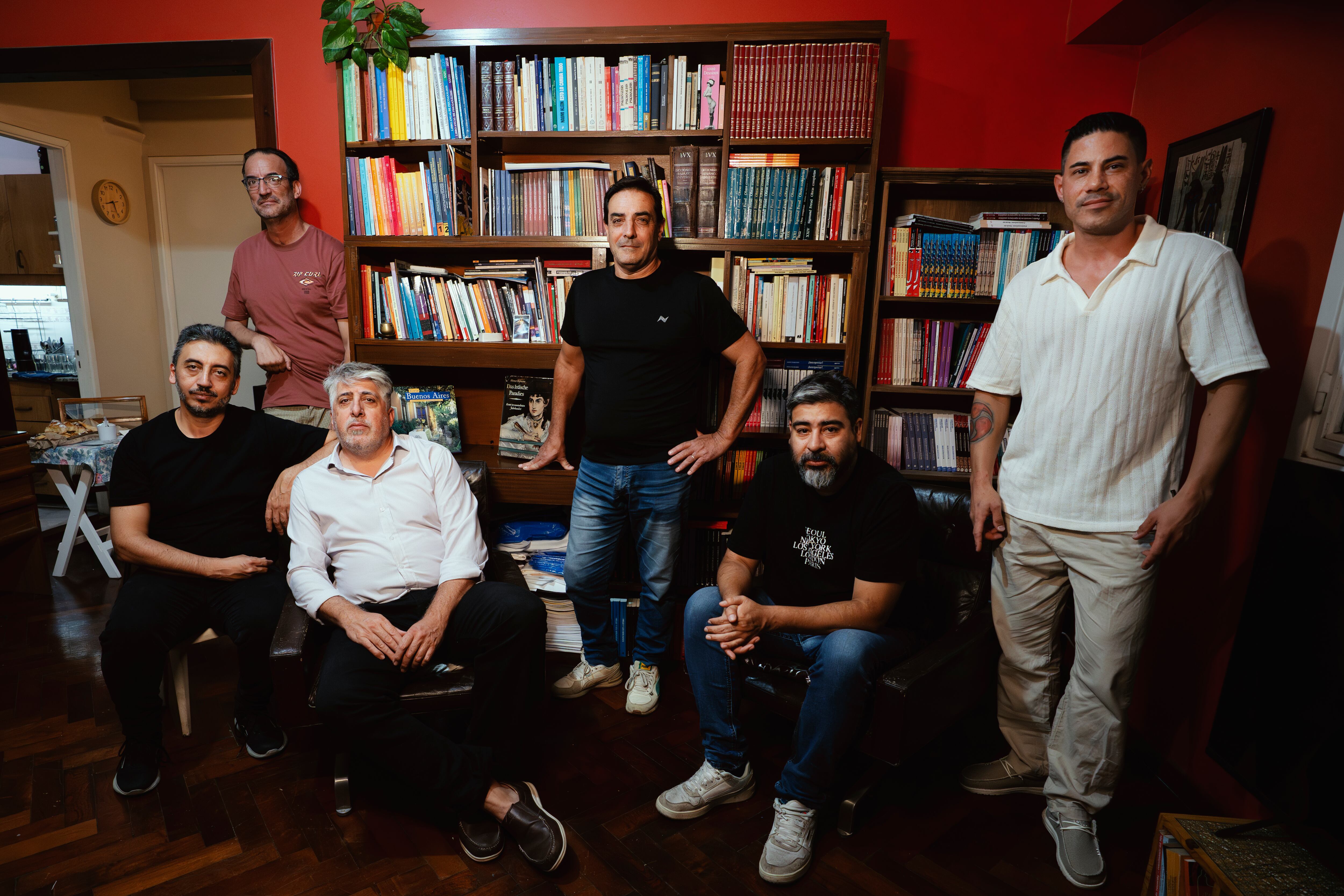 Jorge Izumigawa, Ariel Gavilán, David Pittaluga, Nicolás Sisman, Diego Baracat y Gabriel Oppido (from left to right), who report having been abused in childhood within the scout group of the Parroquia Nuestra Señora de Luján in Longchamps, Buenos Aires, pose last Thursday at the home of one of them.