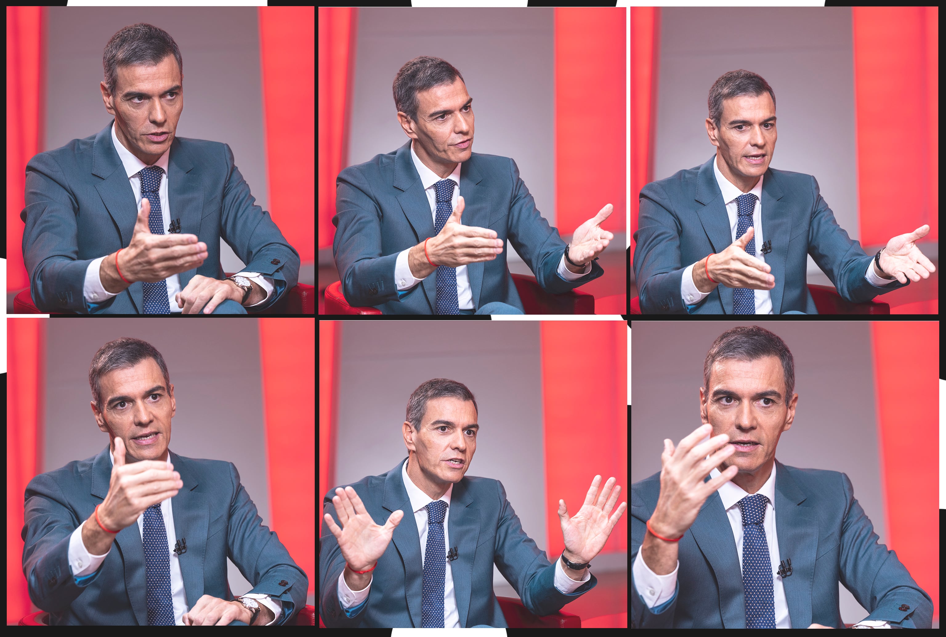 The prime minister, Pedro Sánchez, at various moments during the EL PAÍS interview at Ferraz on Friday.