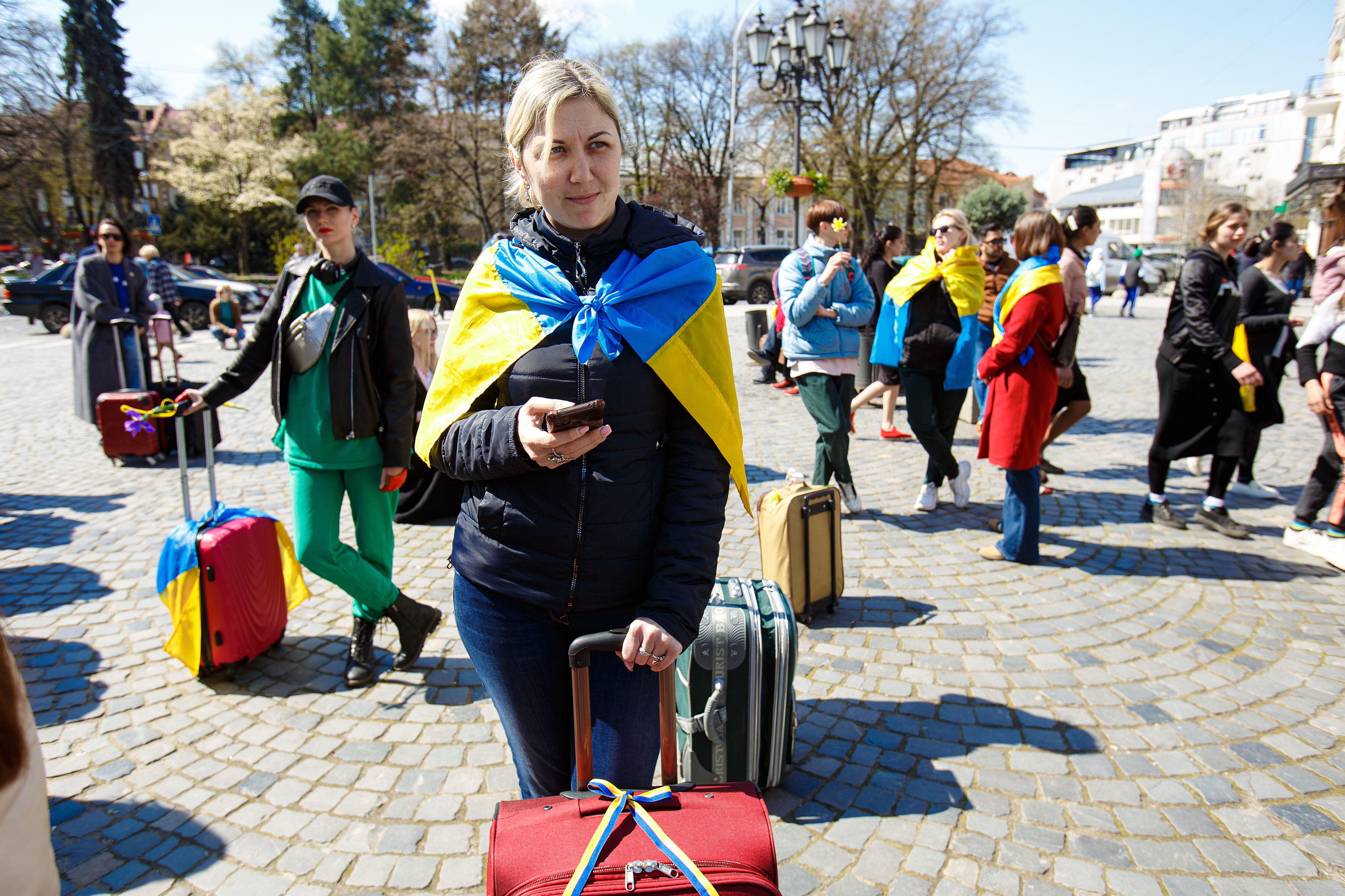 A peaceful solidarity protest with refugees in Uzhhorod in April 2022.