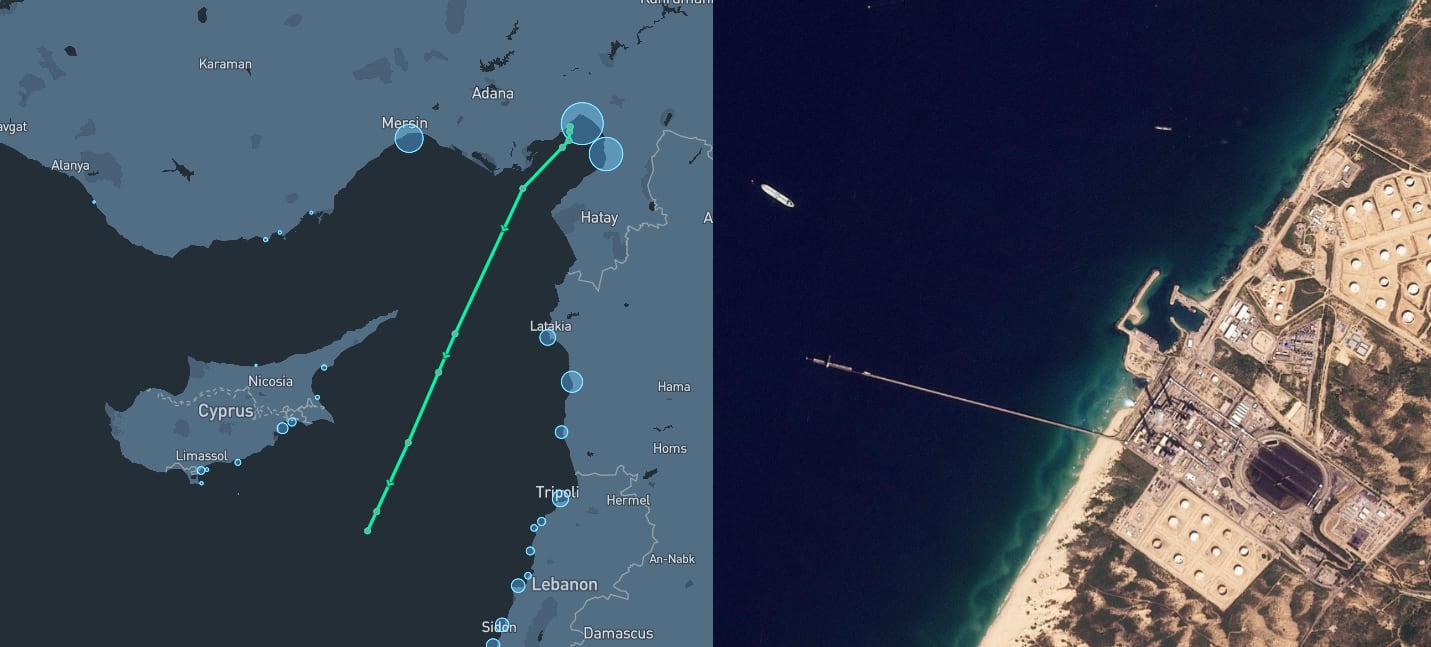 Left: route of the ‘Kimolos’ up to March 1, showing the point in which its AIS signals were turned off to conceal its destination. Right: Satellite image that locates the oil tanker in the port of Ashkelon, Israel.
