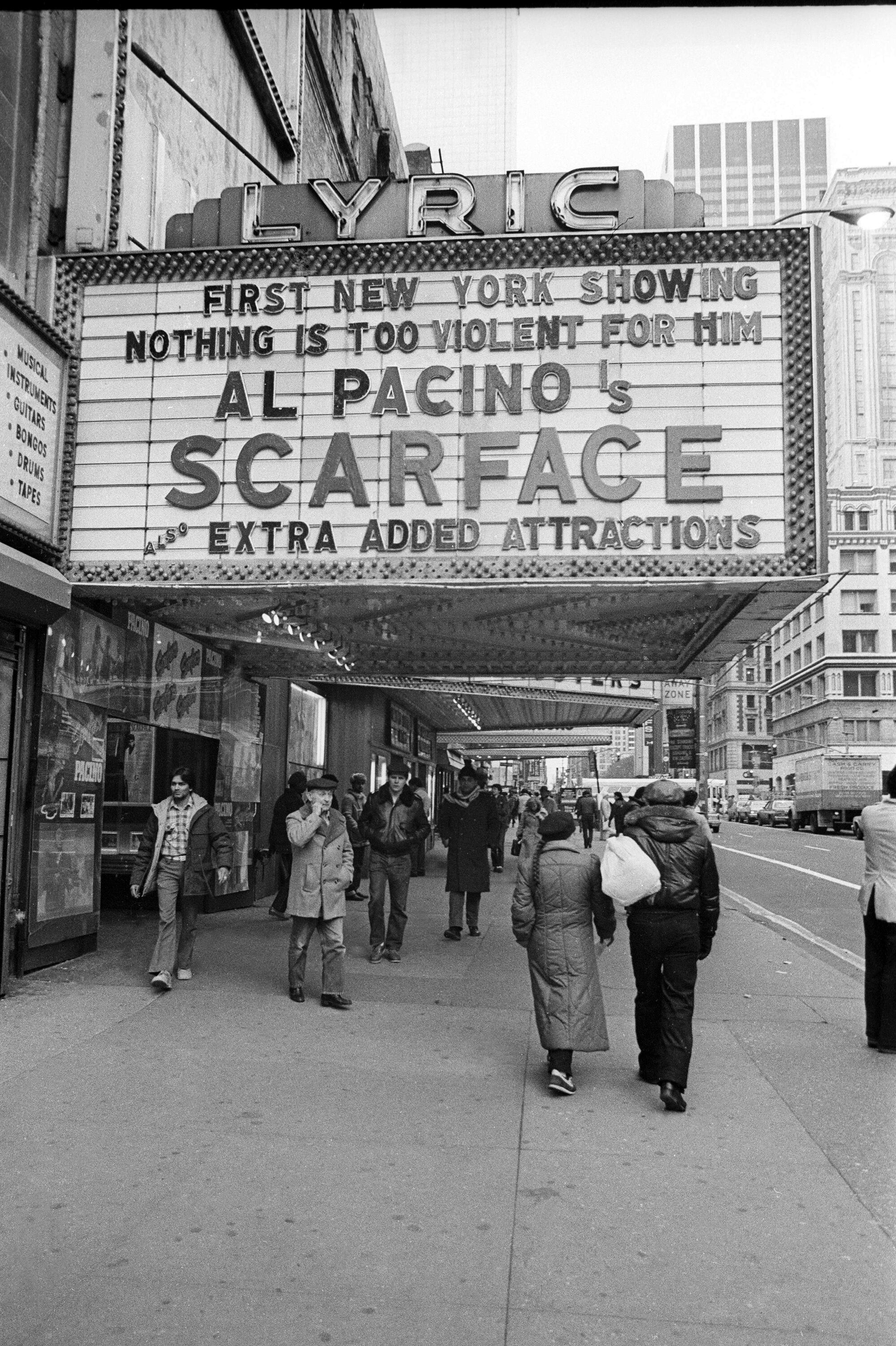 The marquee of The Lyric Theatre, in New York, announcing the movie ‘Scarface’ on December 20, 1983.