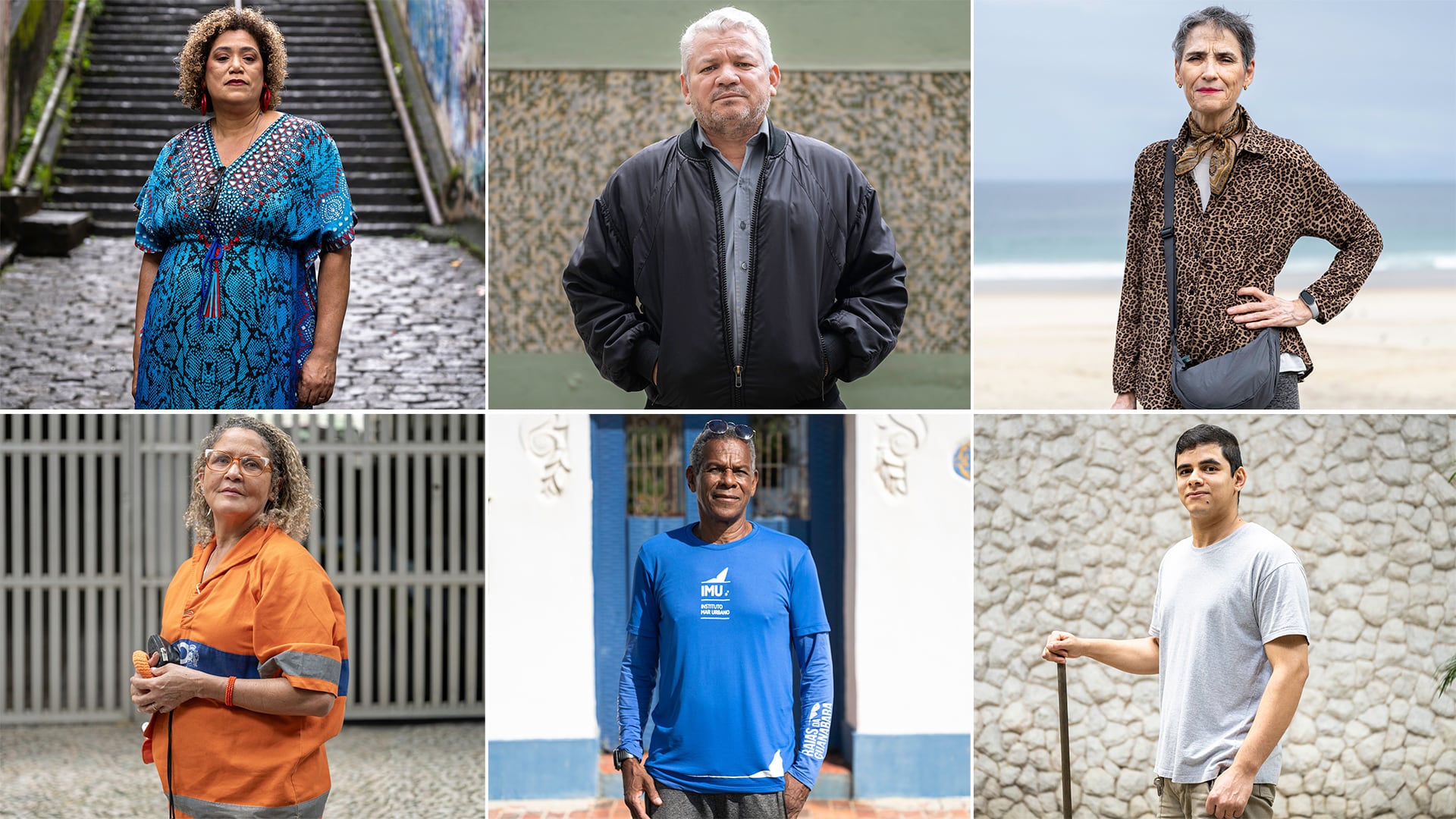 From left to right and top to bottom, therapist Andrea da Silva Amaral, goalkeeper José Marcos da Silva, gymnastics teacher Elisabeth de Lima e Silva, street sweeper Adriana Silva dos Reis, ship captain Jaime da Silva, and cleaner Miqueias de Araújo Silva, in Rio de Janeiro.