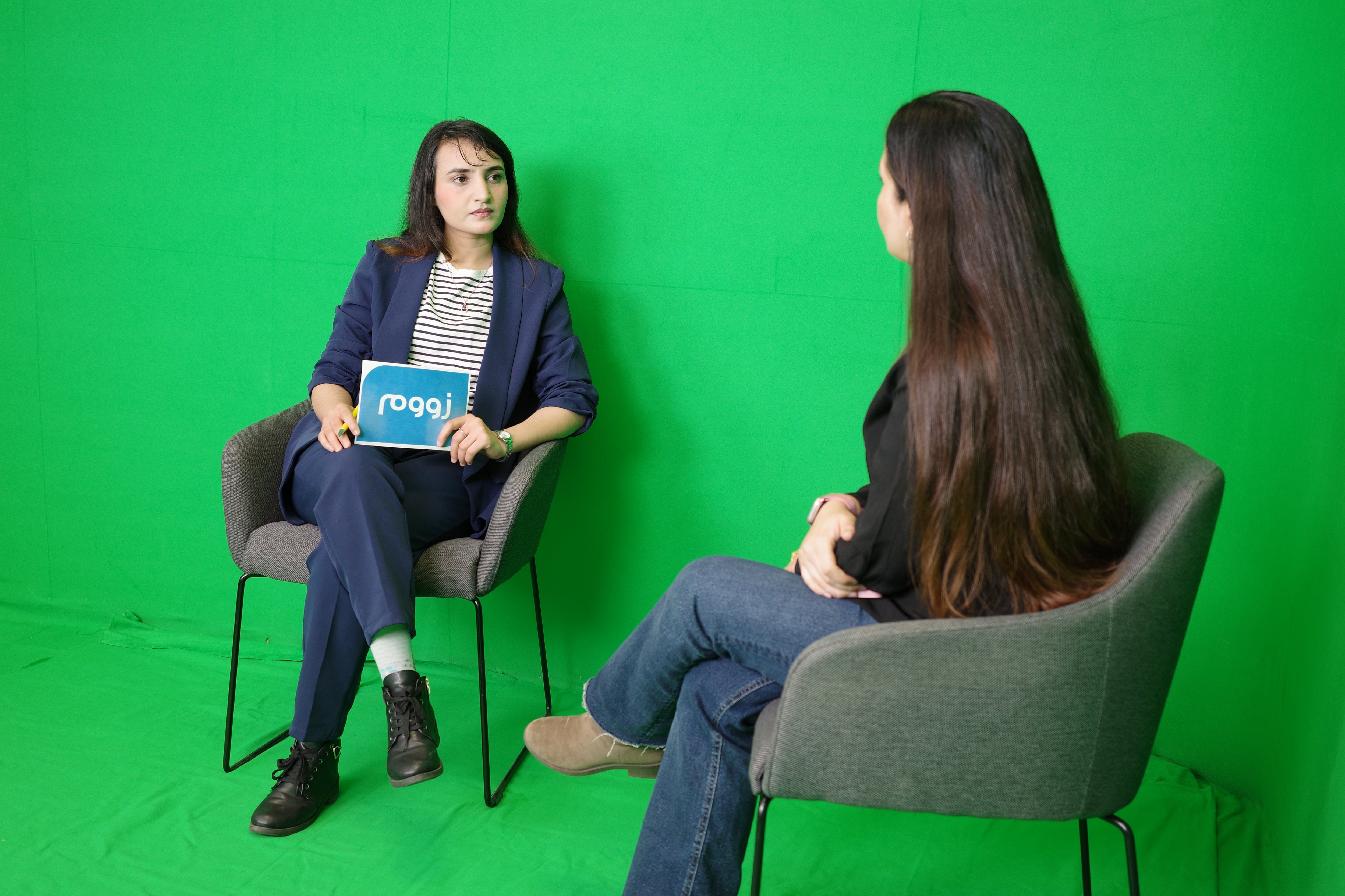 Wajiha Wahidi and Saira Akakhil,Afghan refugees in France, are journalists who host programs on Begum TV, headquartered in Paris. This image was taken on April 17,2025.