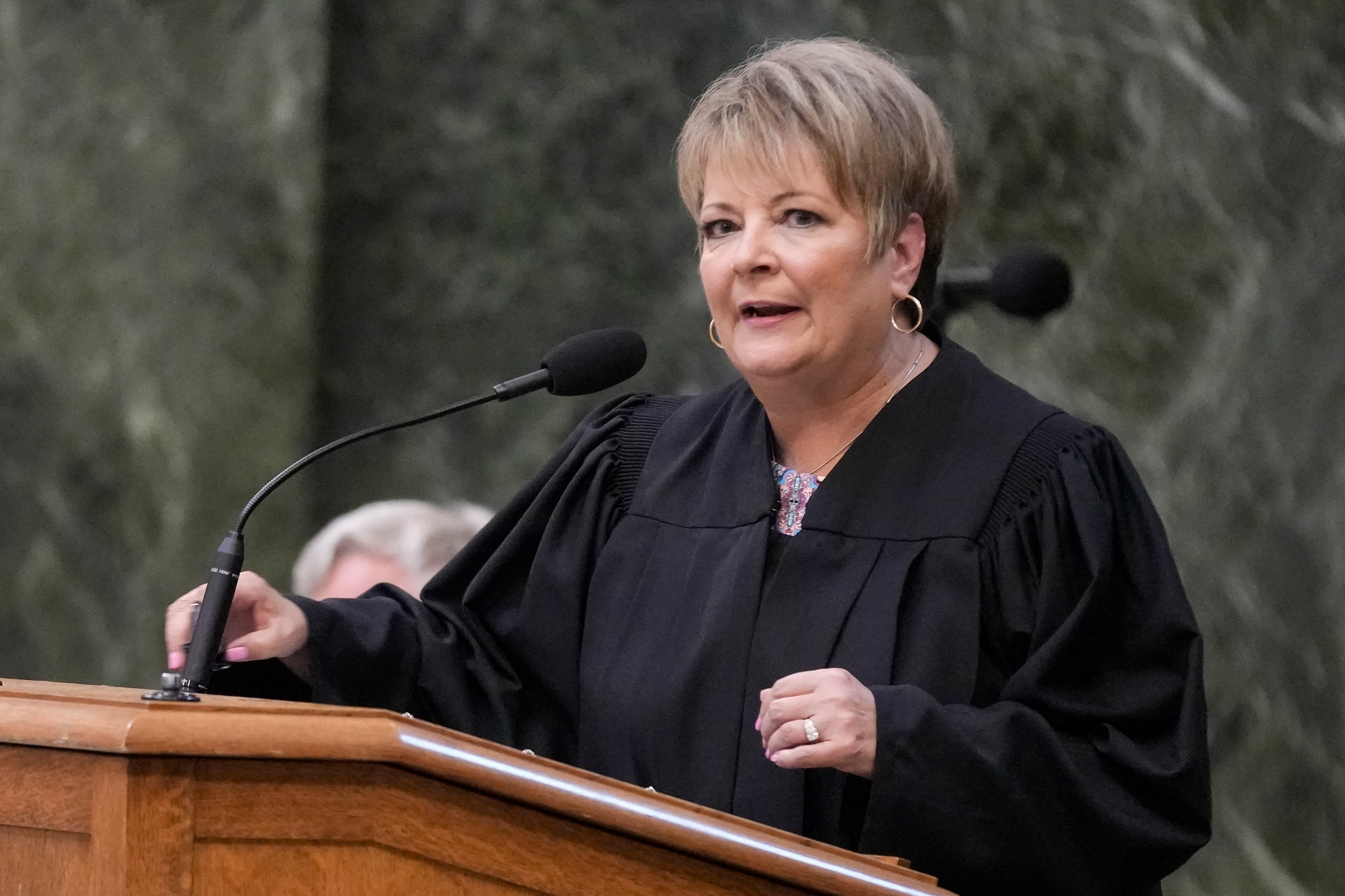 Janet Protasiewicz speaks after being sworn in as a Wisconsin Supreme Court justice, Tuesday, Aug. 1, 2023, in Madison, Wis. 