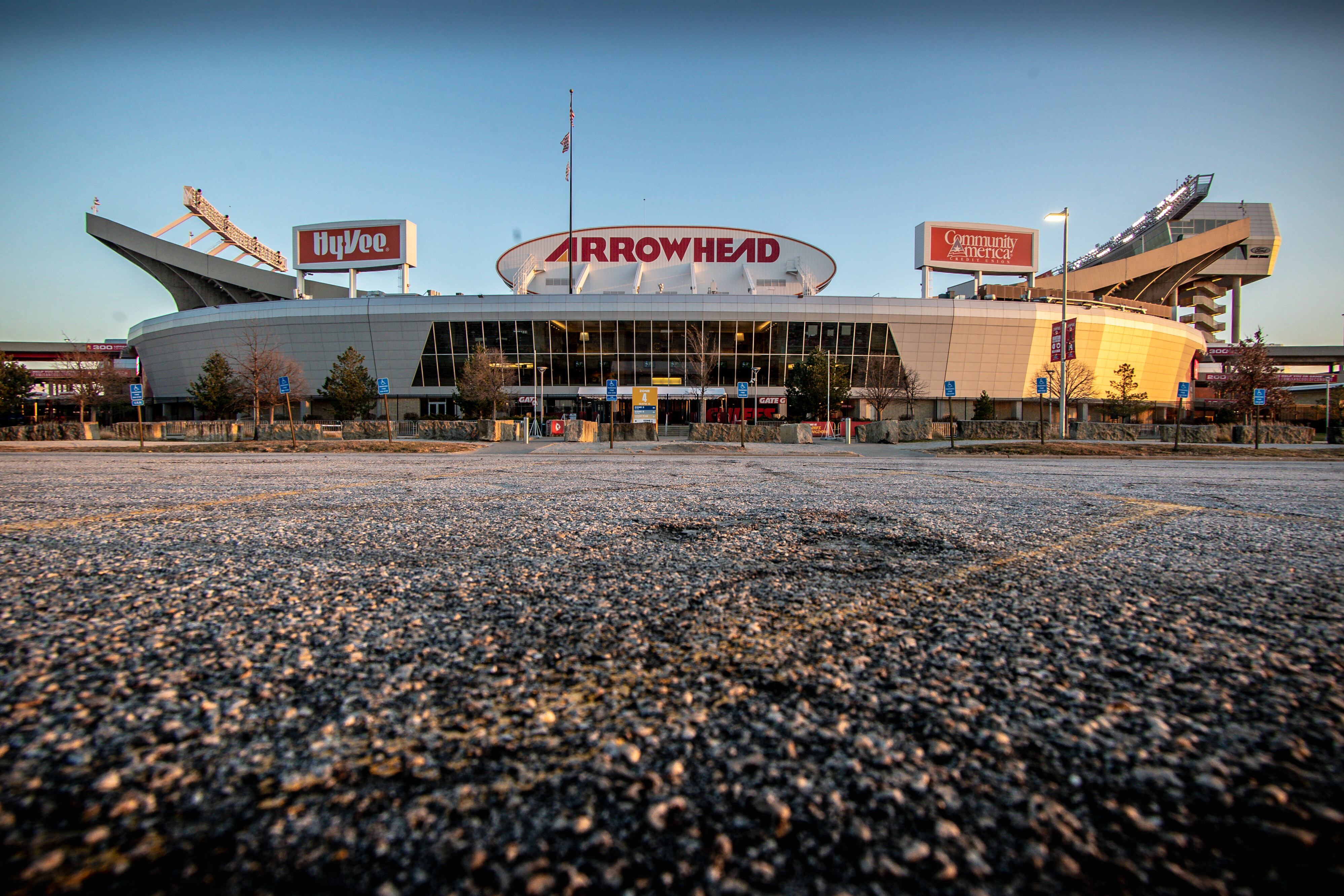 The exterior of Arrowhead Stadium in Kansas City, Missouri.