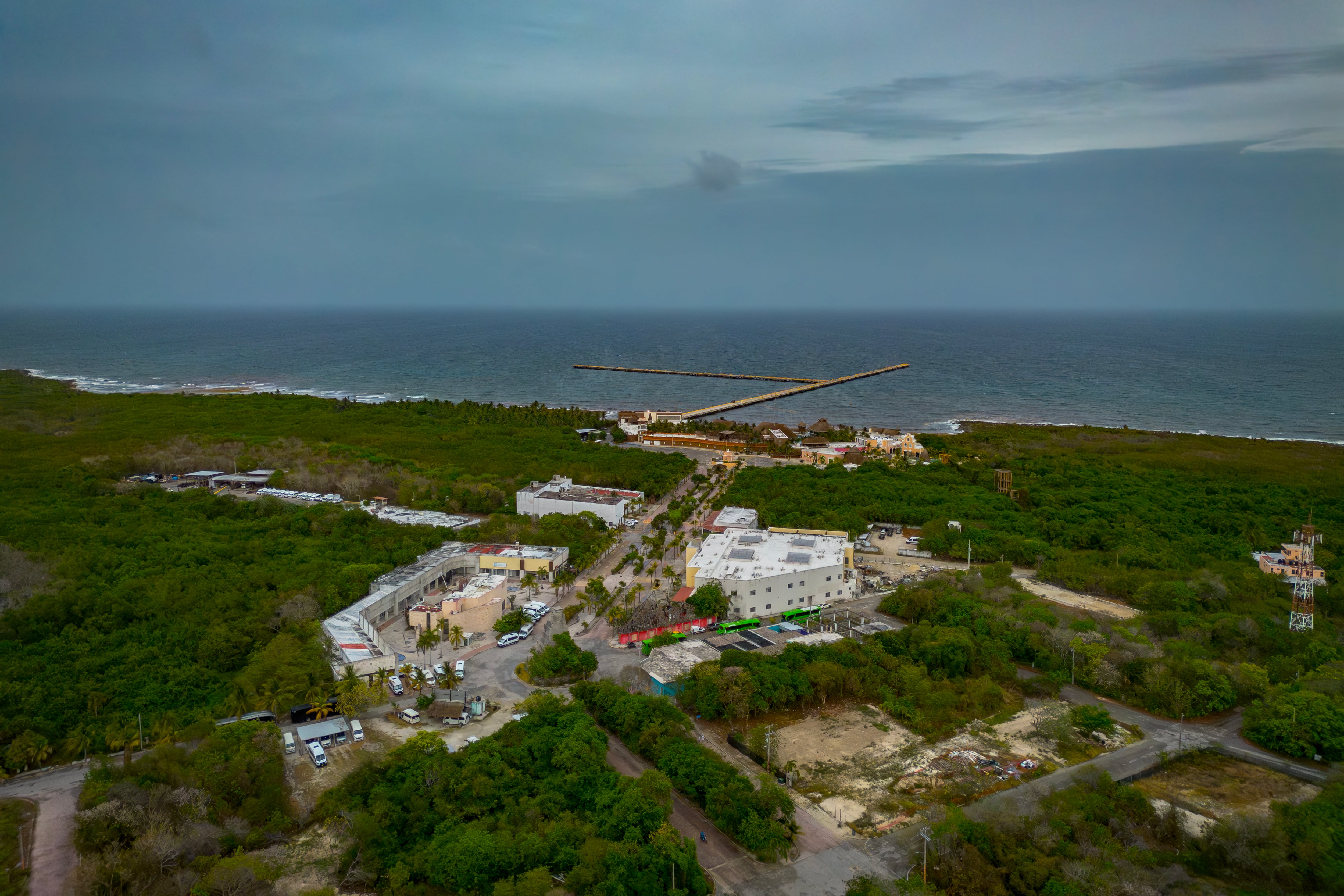Aerial view of the private Costa Maya port, where the company Royal Caribbean plans to build an aquatic park in the town of Mahahual in Quintana Roo, Mexico, photographed on May 28.