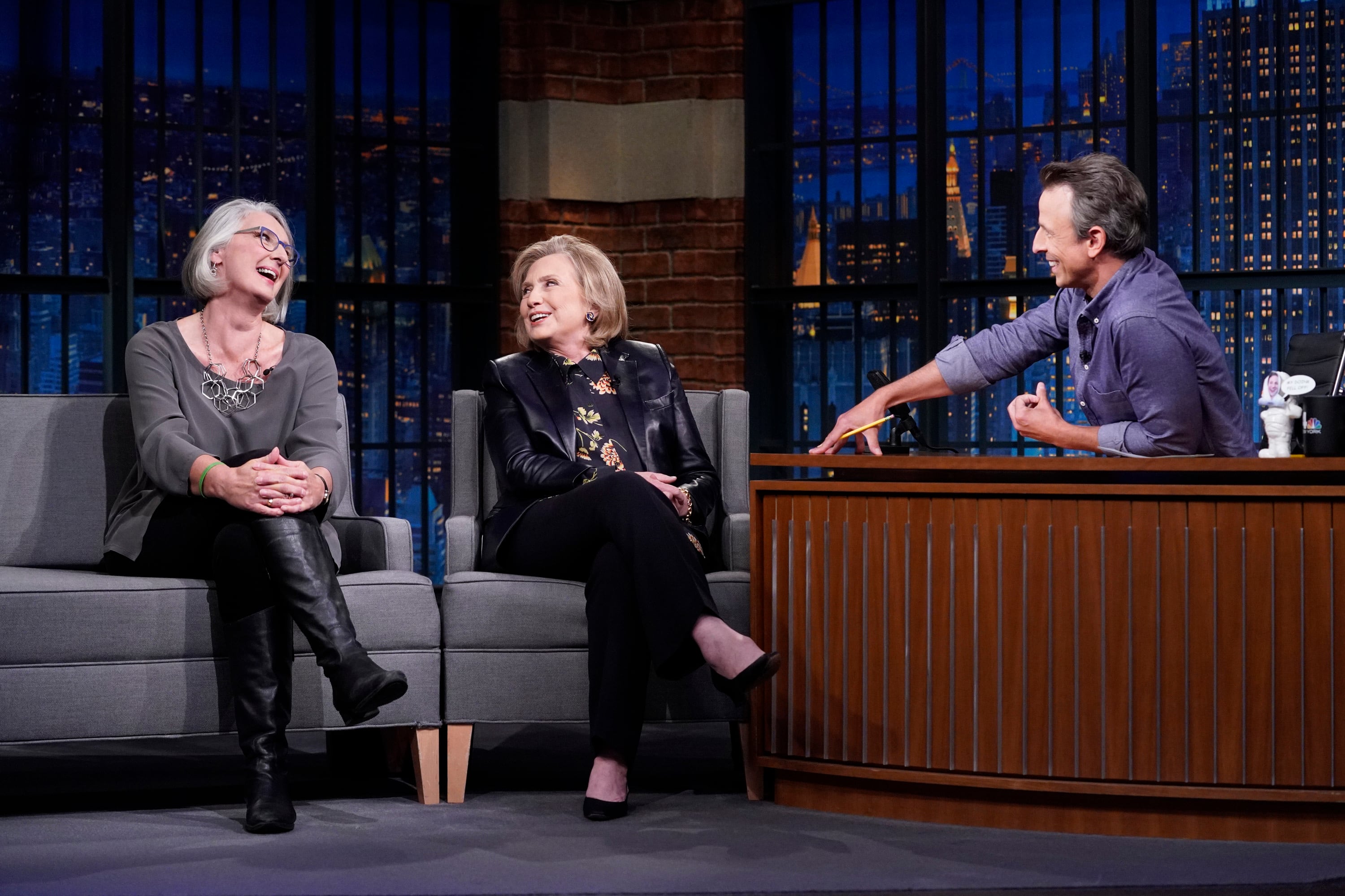 From left, Louise Penny, Hillary Clinton, and Seth Meyers, on the latter's late-night show in 2021, when Penny and Clinton published their joint book, 'State of Terror.'
