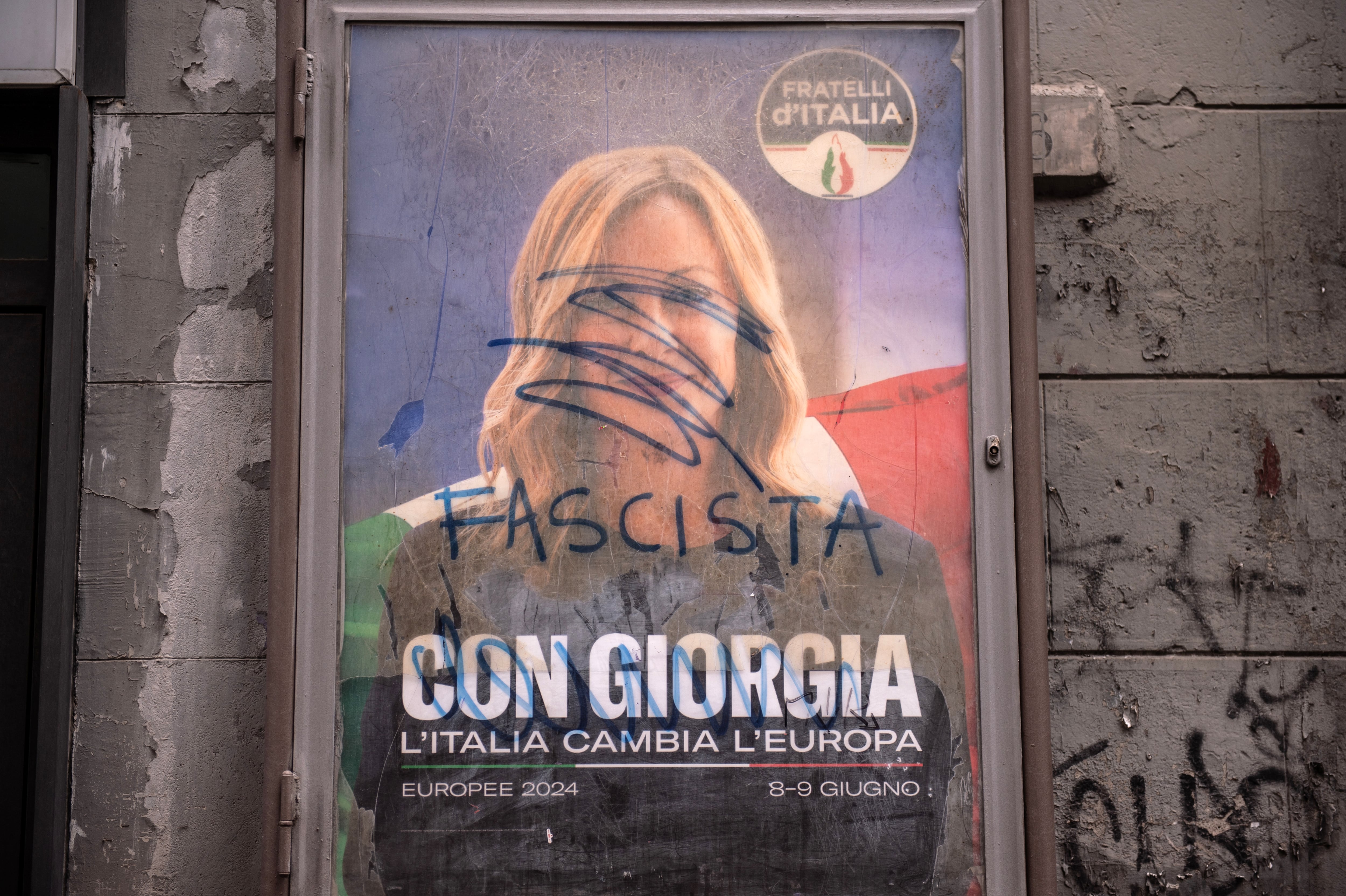 A poster of Giorgia Meloni for the 2024 European elections on April 25, 2024, in Naples.
