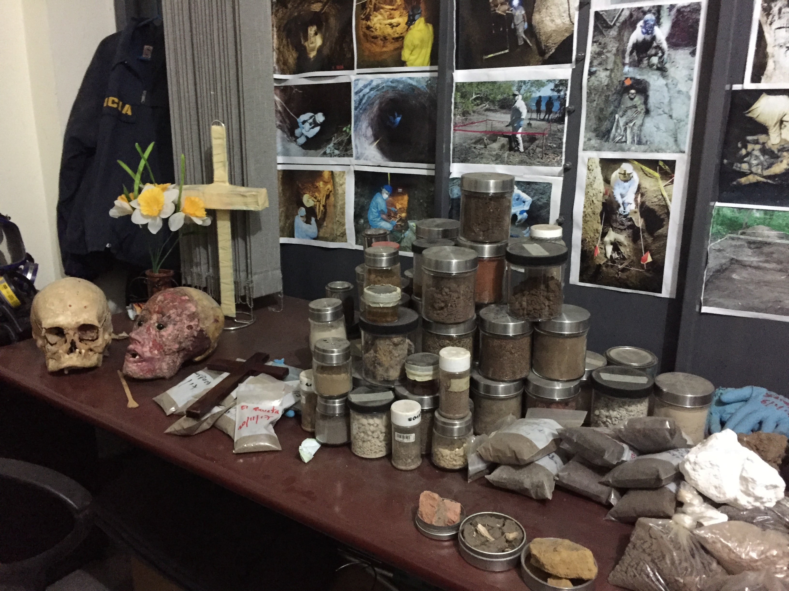 Soil samples, photos and bone remains collected by forensic criminologist Israel Ticas. 