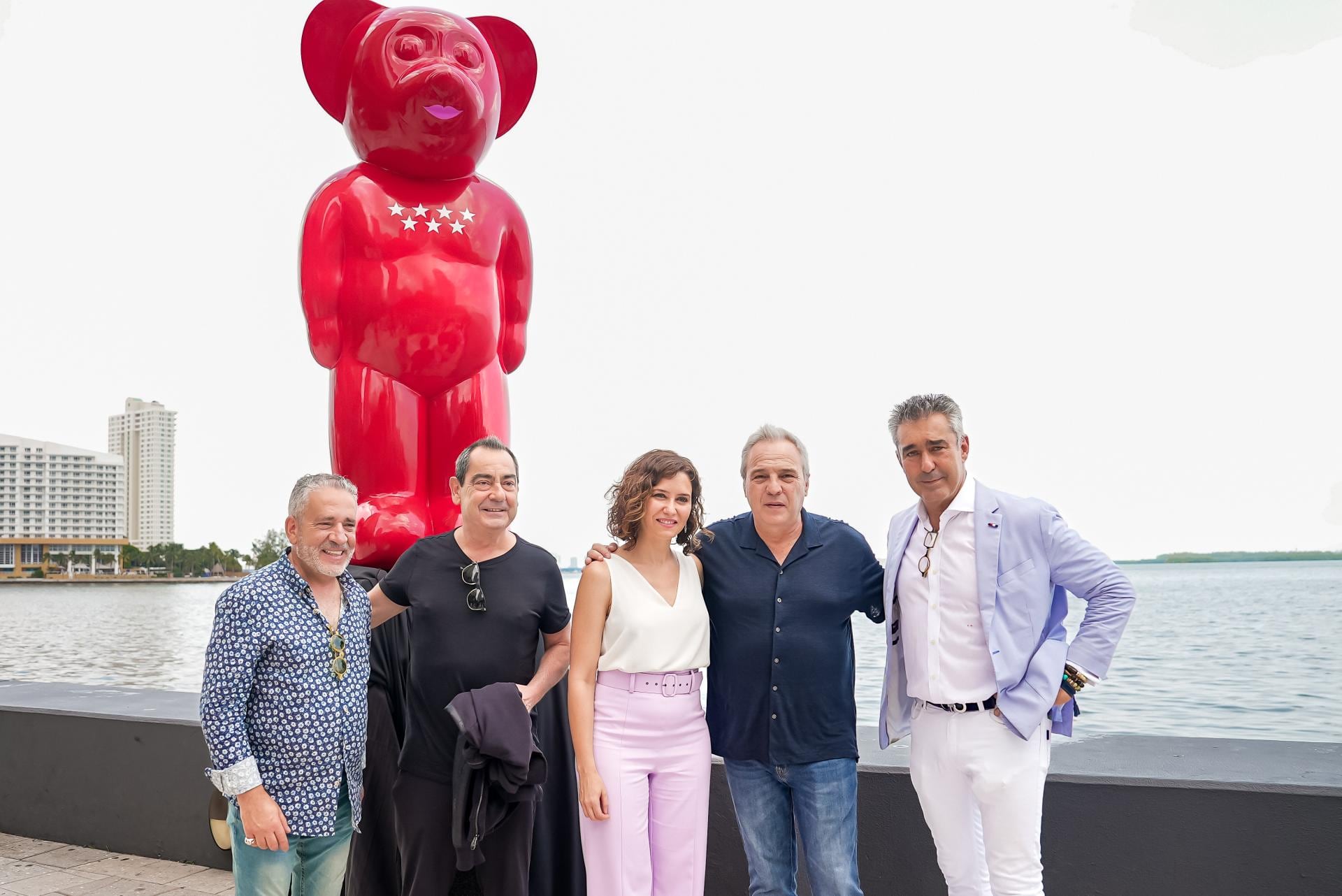 Left to right: the sculptor Eladio de Mora, Hombres G drummer Javier Molina; Madrid regional premier Isabel Díaz Ayuso; Hombres G frontman David Summers; and the entrepreneur Carlos Galán, on June 26 2022.