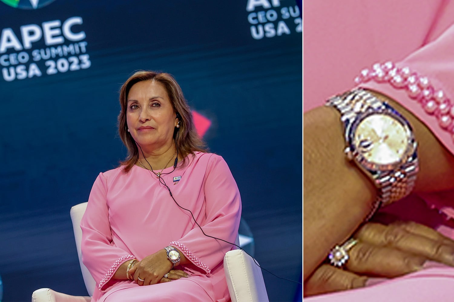 President Dina Boluarte wearing a Rolex Datejust 36 watch on November 16, 2023.