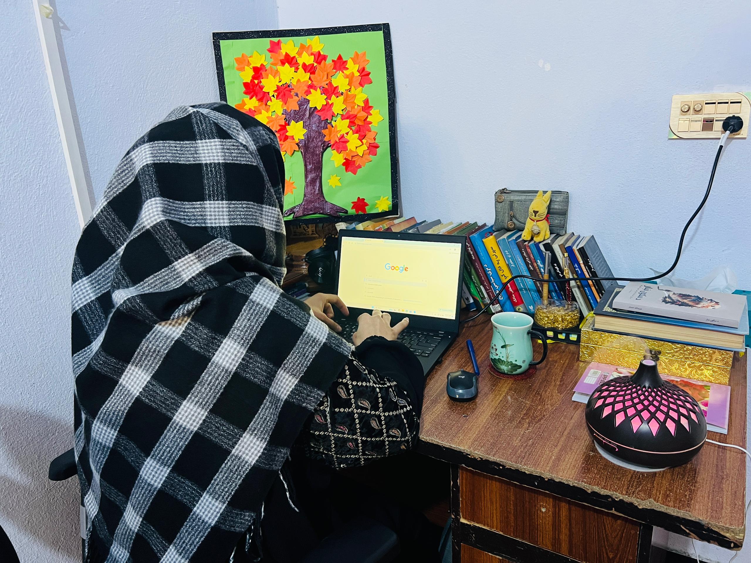 Wranga works from her laptop in eastern Afghanistan, in this Dec. 10, 2024 photo. On rare occasions, in the absence of a guardian or close male relatives who can accompany her, her organization allows her to work from home. Photo provided by the family.