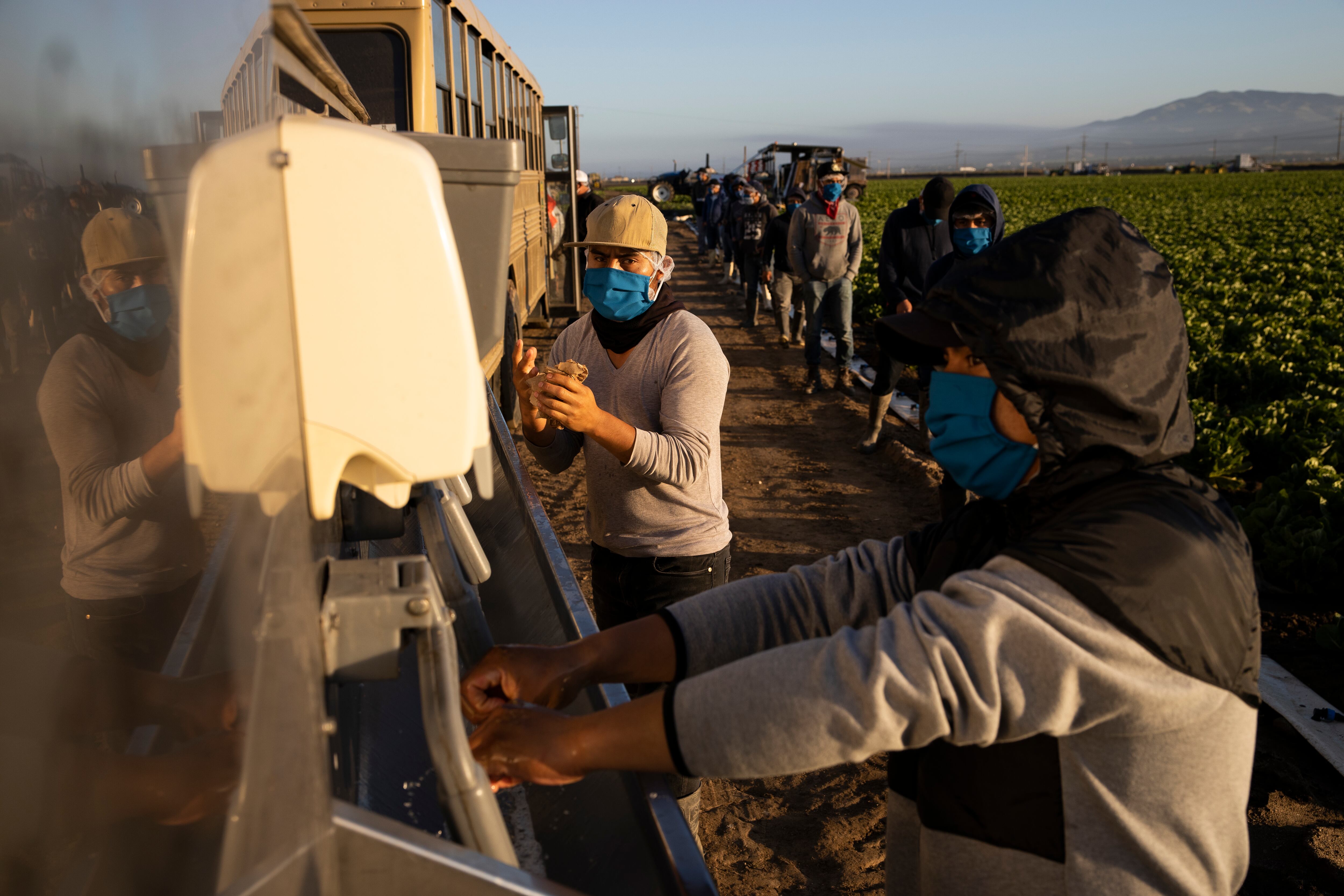 H-2a visa holders wash their hands before working in a field in Greenfield, California, in April 2020.