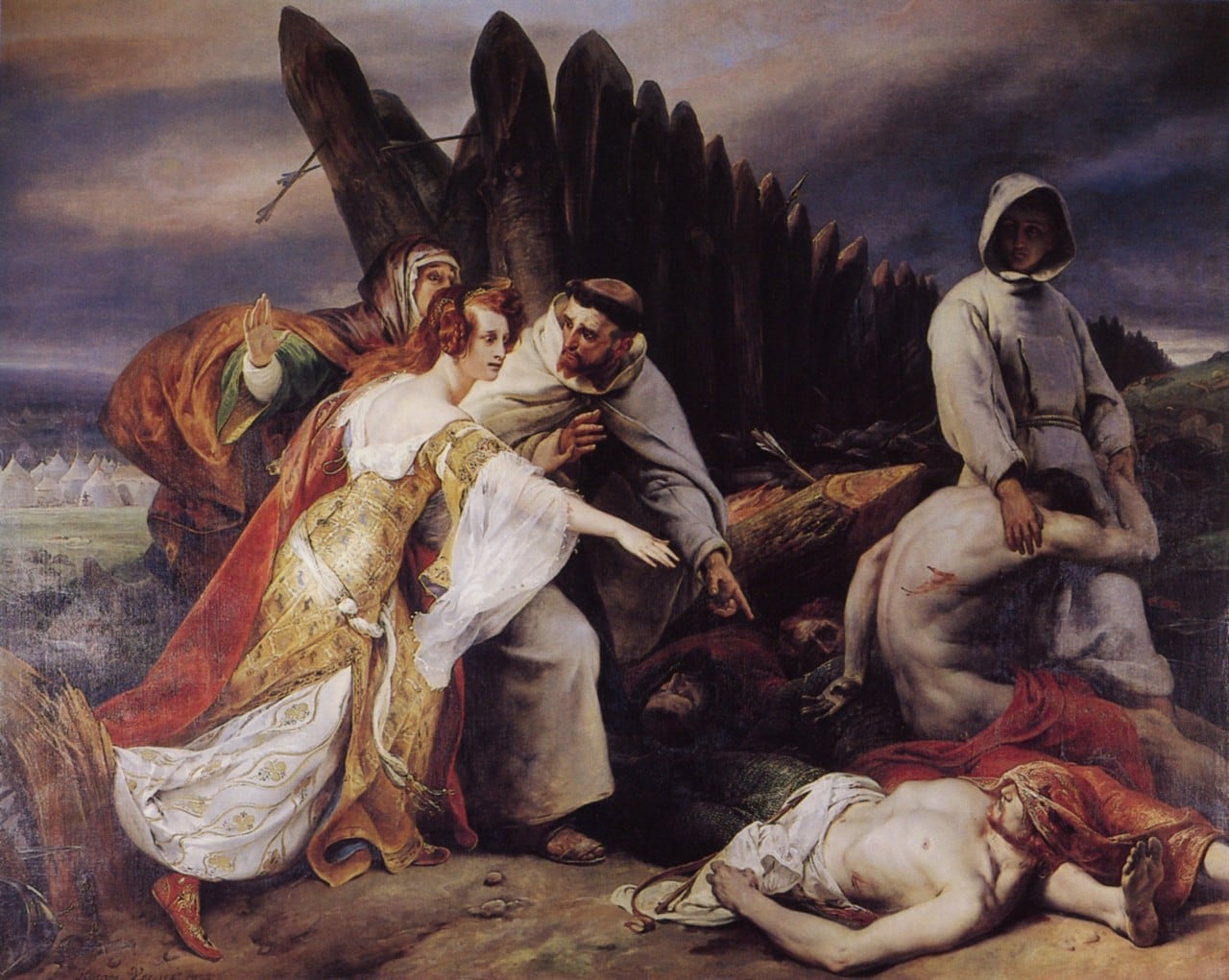 Edith Swanneck examining the body of King Harold at the Battle of Hastings, in a painting by Horace Vernet (1828).