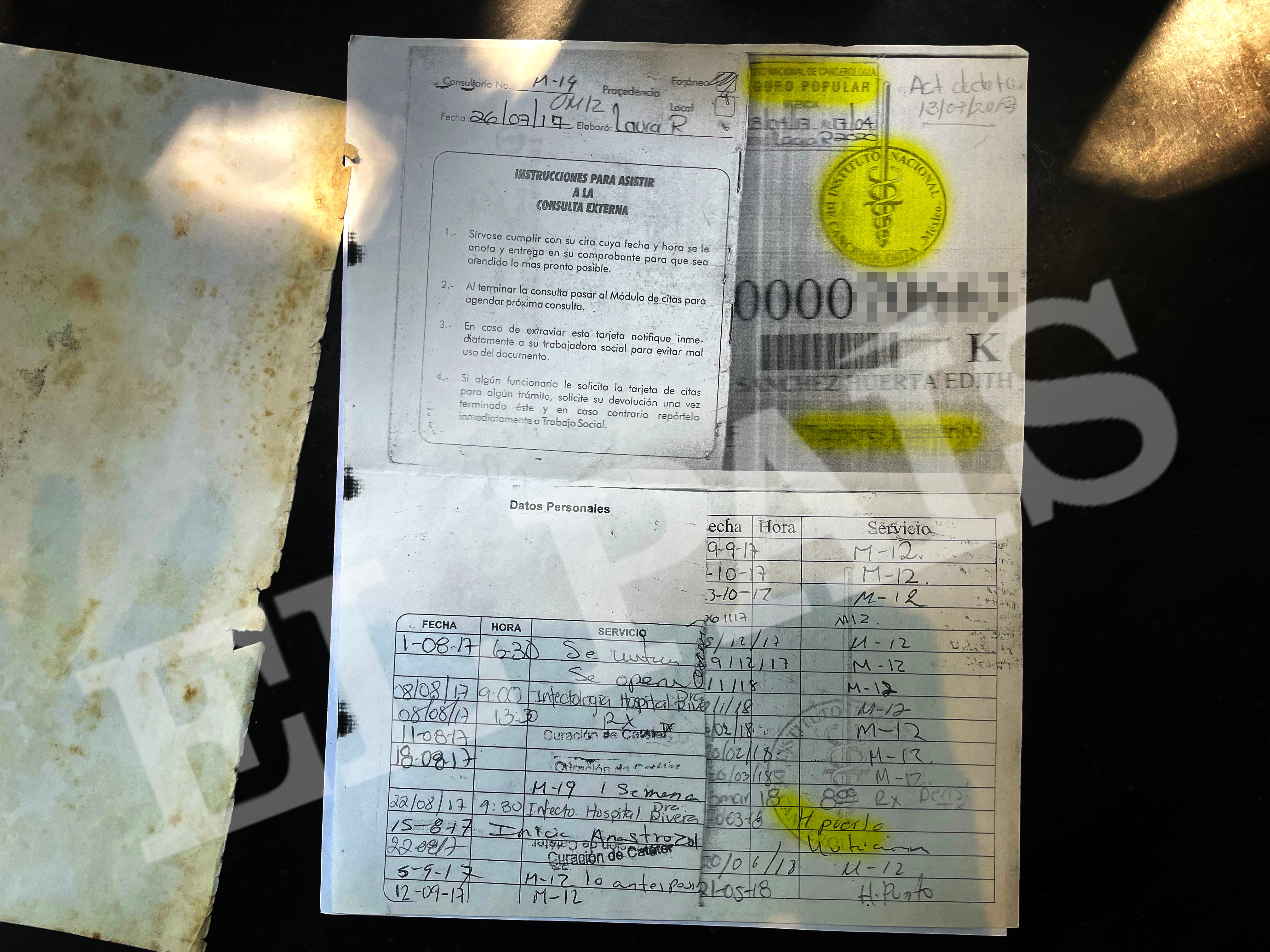 Edith Sánchez's medical record from the Cancer Institute, dated 2017.
