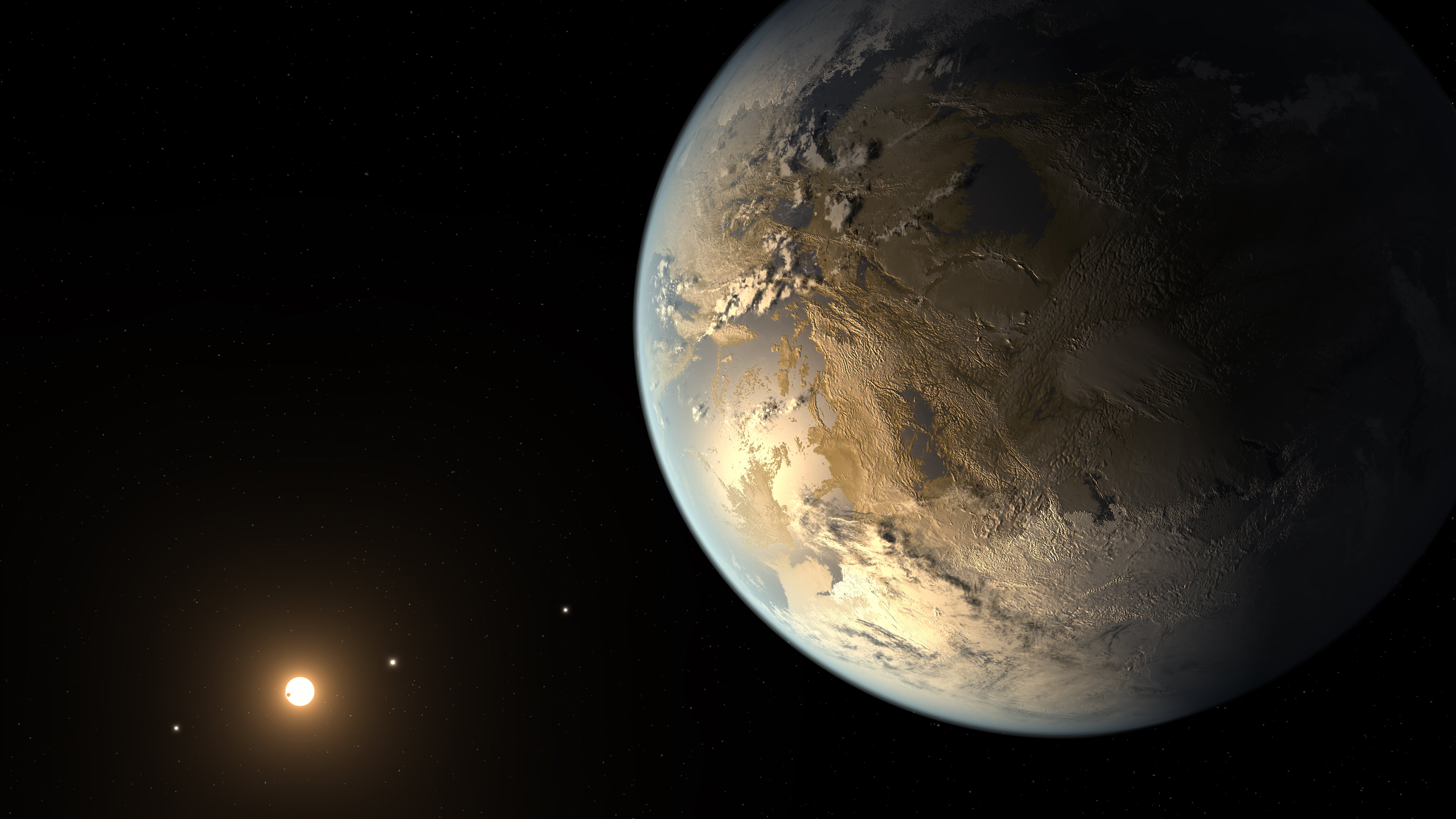 Representation of the planet Kepler-186f, one of the most Earth-like planets found to date, orbiting a dwarf star smaller than the Sun.