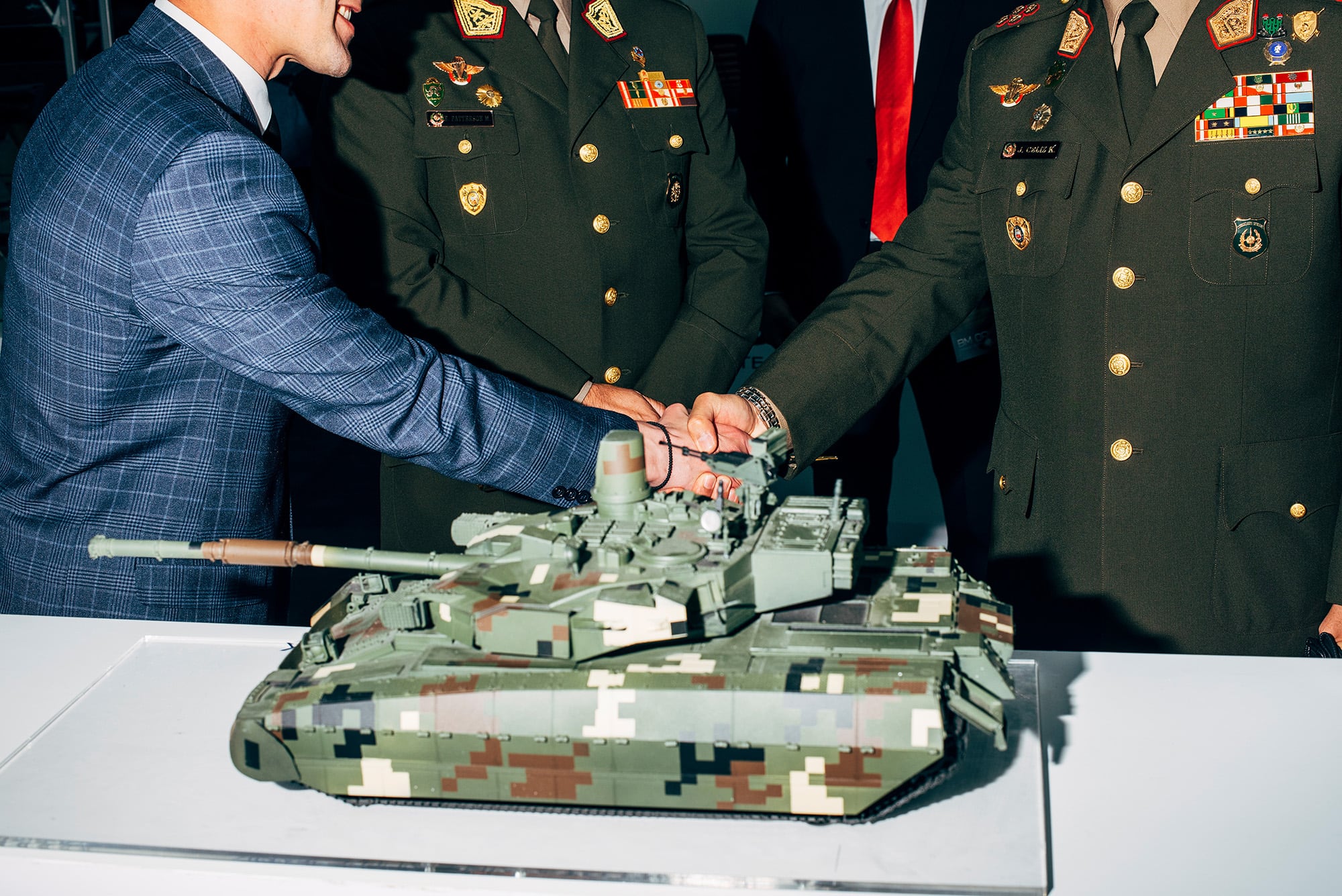 Peruvian delegation at the stand of Ukroboronprom. The Oplot-M main battle tank was offered during the expo as a potential solution to replace the old Soviet T-55 MBT of the Peruvian army. SITDEF, Lima, Peru, 2019. 