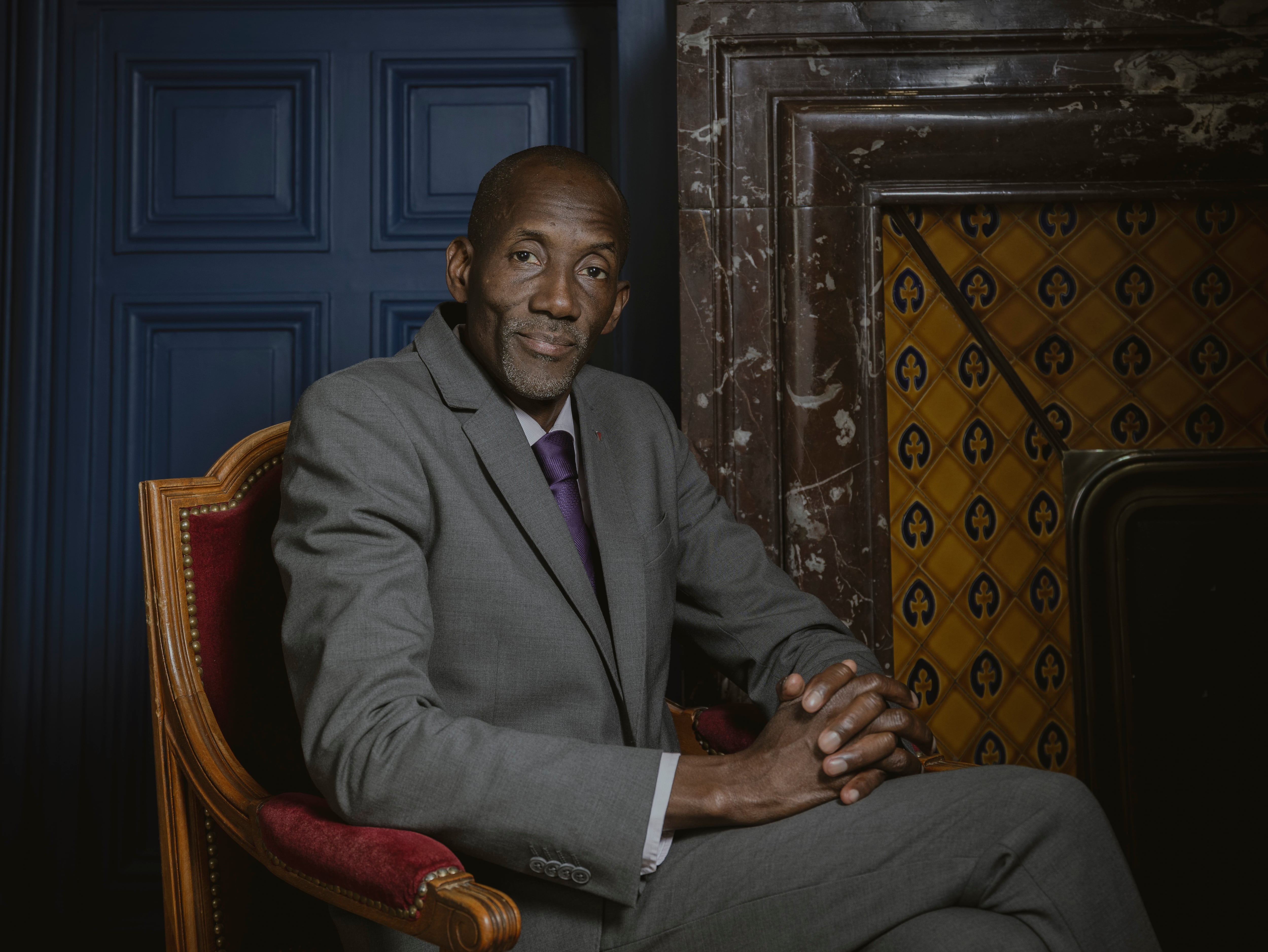 Bally Bagayoko, the new mayor of Saint-Denis, poses in his office on May 7.