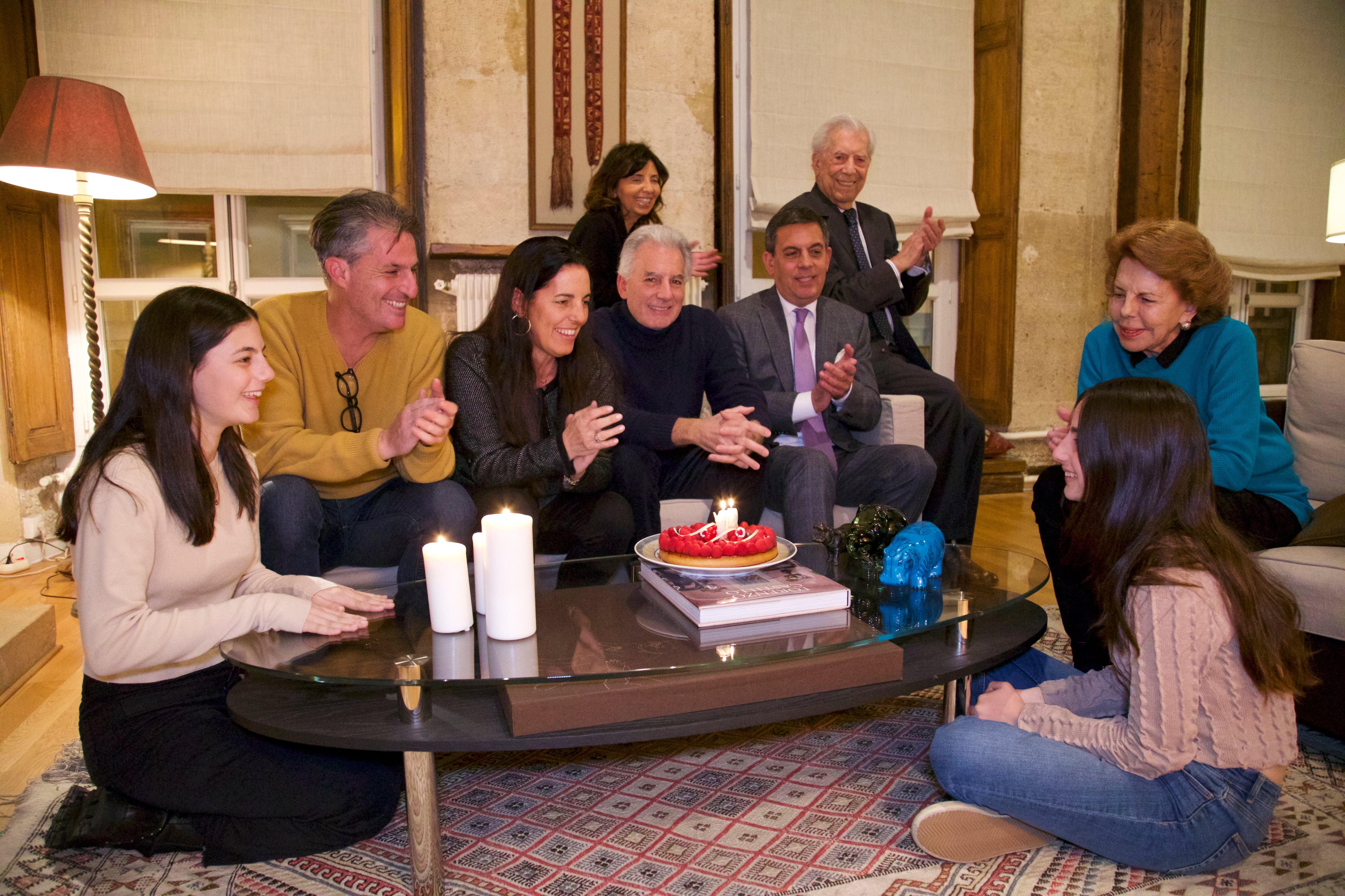 In early February, the Vargas Llosa family gathered at their Paris apartment. From left: Isabella Reich, Stefan Reich, Morgana Vargas Llosa, Álvaro Vargas Llosa, Nada Chedid, Gonzalo Vargas Llosa, Mario, Patricia, and Anaís Reich.
