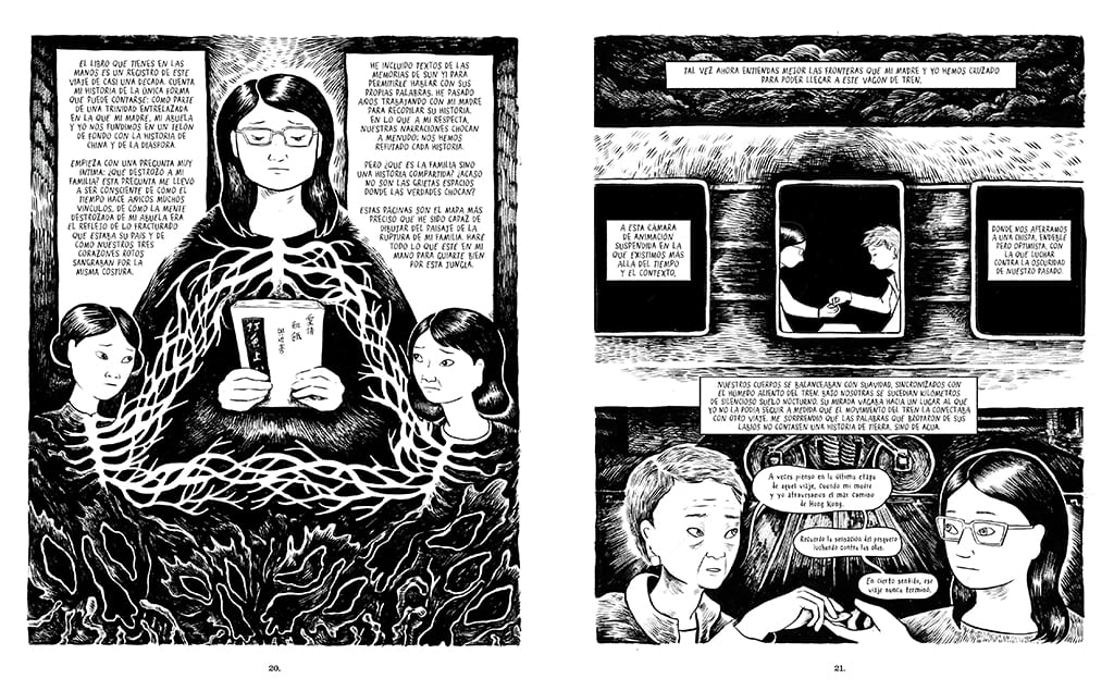 Two pages from the Spanish-language translation of the graphic memoir 'Feeding Ghosts' (2024).