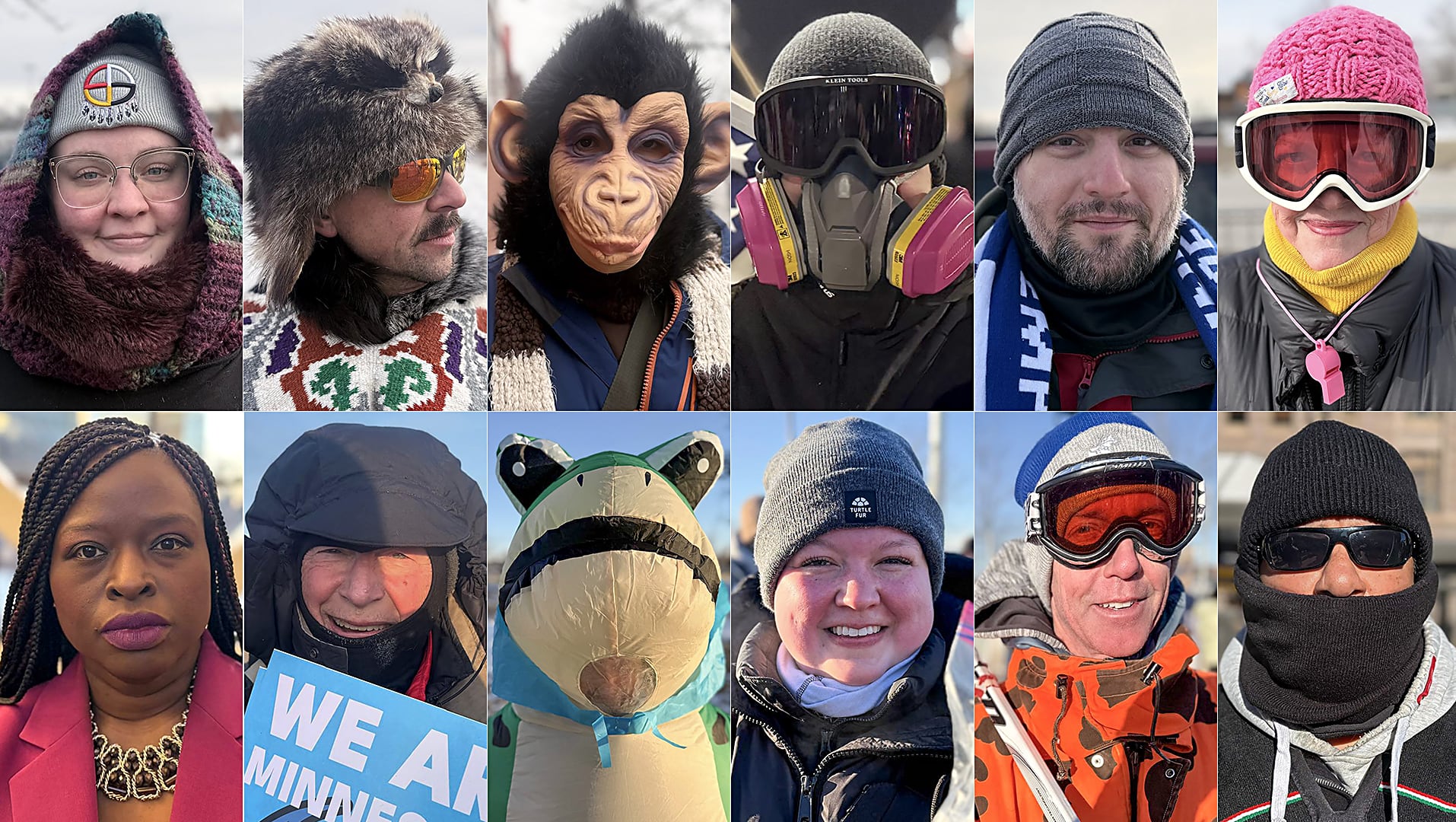 Faces of the Minneapolis protests. Top row, from left: Sarah Chargin, Mike Camilleri, Abe Eversman, Josiah Myeog, Julie Prokes and Lesley Ernst. Bottom row, also from left: Nekima Levy Armstrong, Jim Winterer, Una Rana Cualquiera (“Any Frog”), Cathy Anderson, Joey Keillor and Rogelio Aguilar.