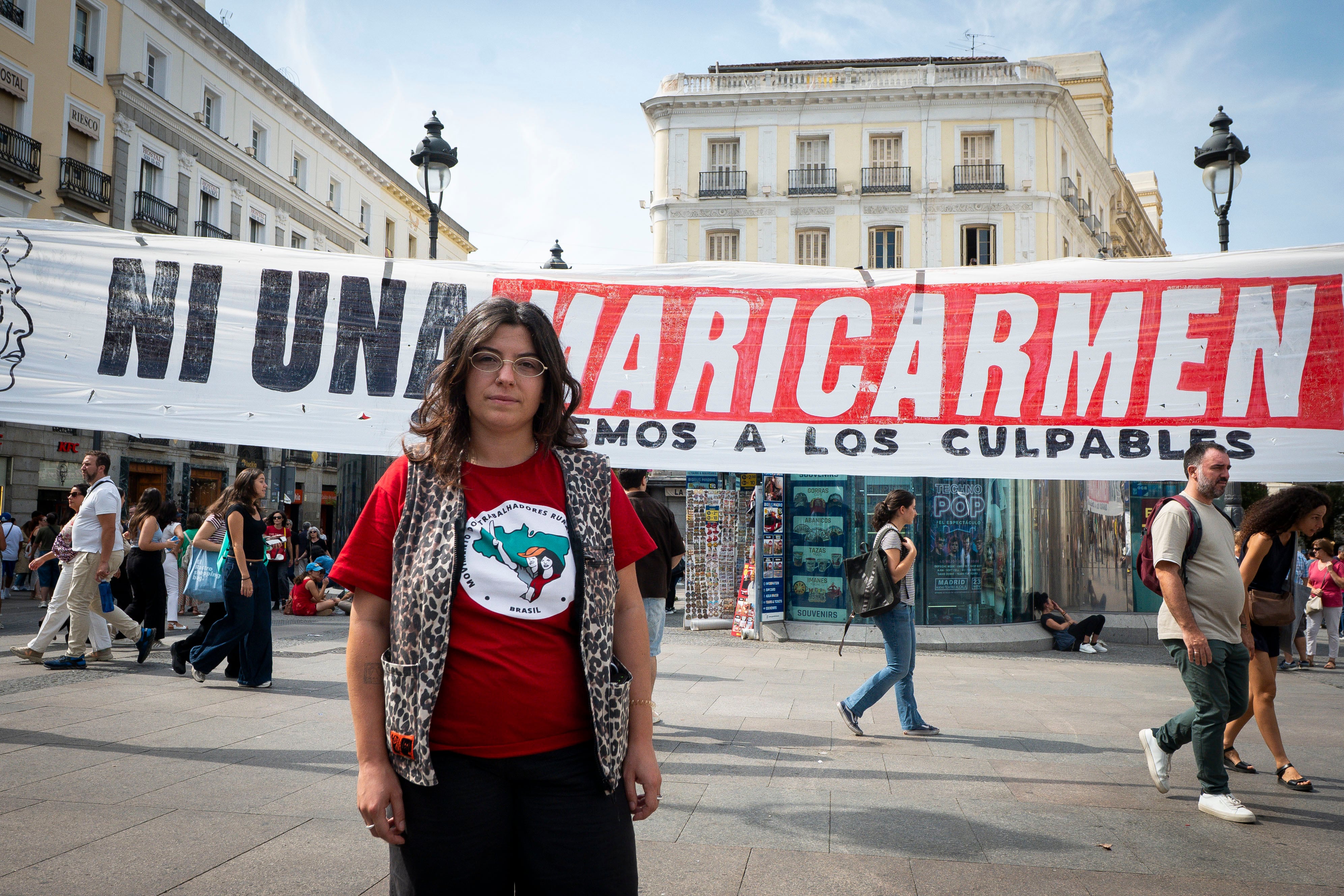 Teresa Mamede, of the Lisbon Renters’ Union, at the Puerta del Sol encampment on September 27, 2026.