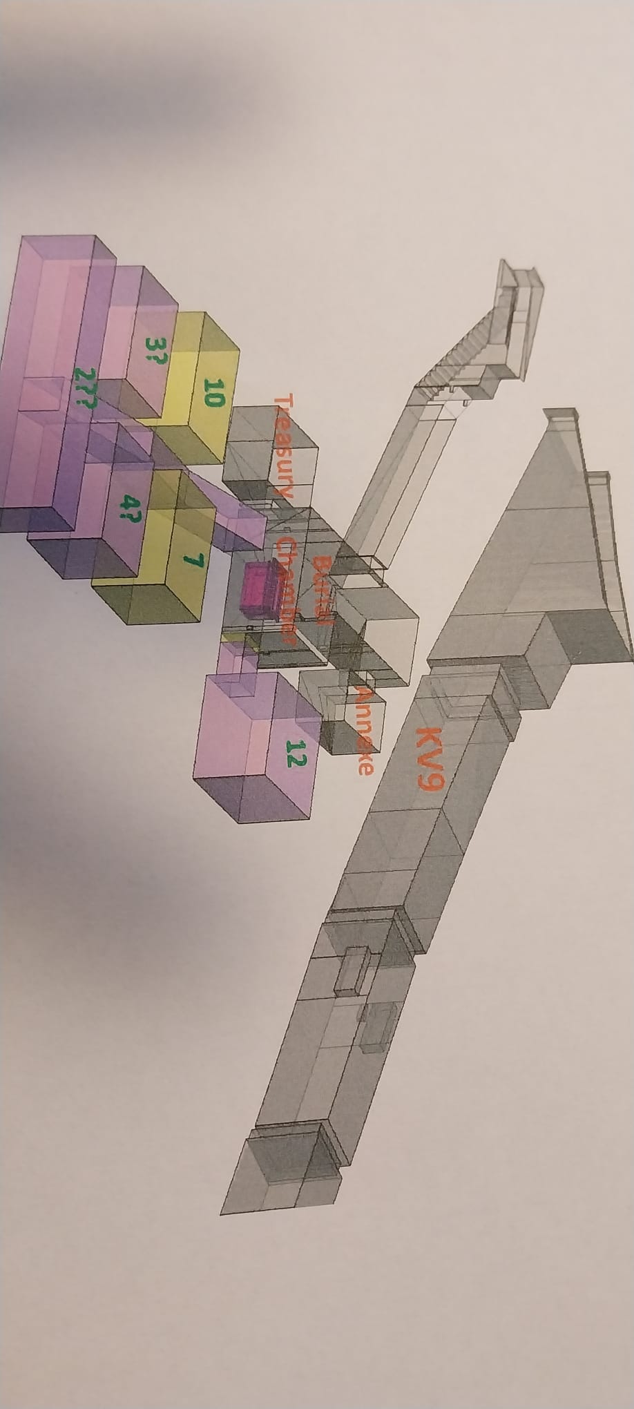 Schematic of Tutankhamun’s tomb (below Ramses VI, KV9), with the chambers and passages proposed by the new research indicated in mauve and yellow.