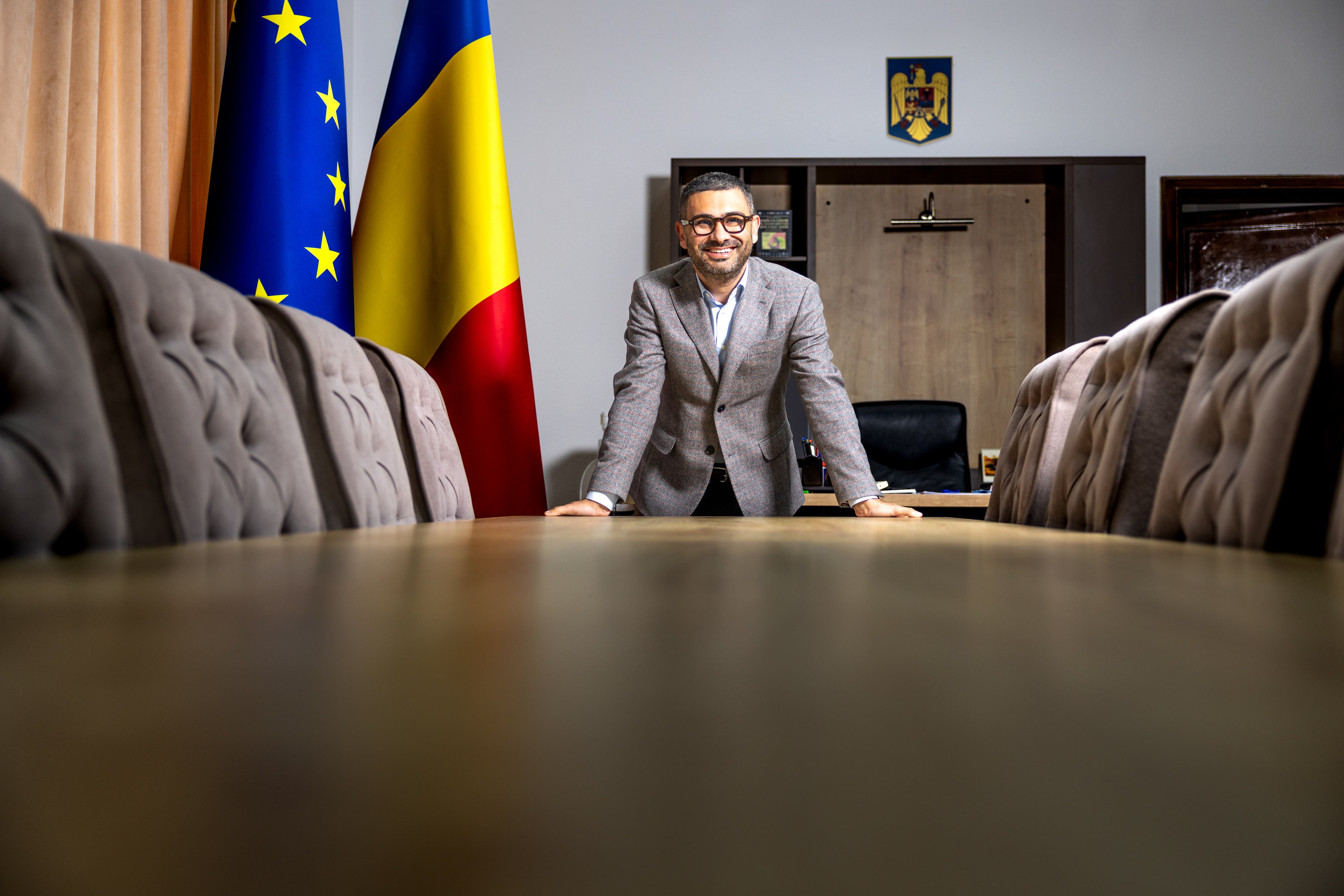 Petre-Florin Manole, Minister of Labor, Family and Youth of Romania, at the Ministry headquarters, April 22 in Bucharest.

