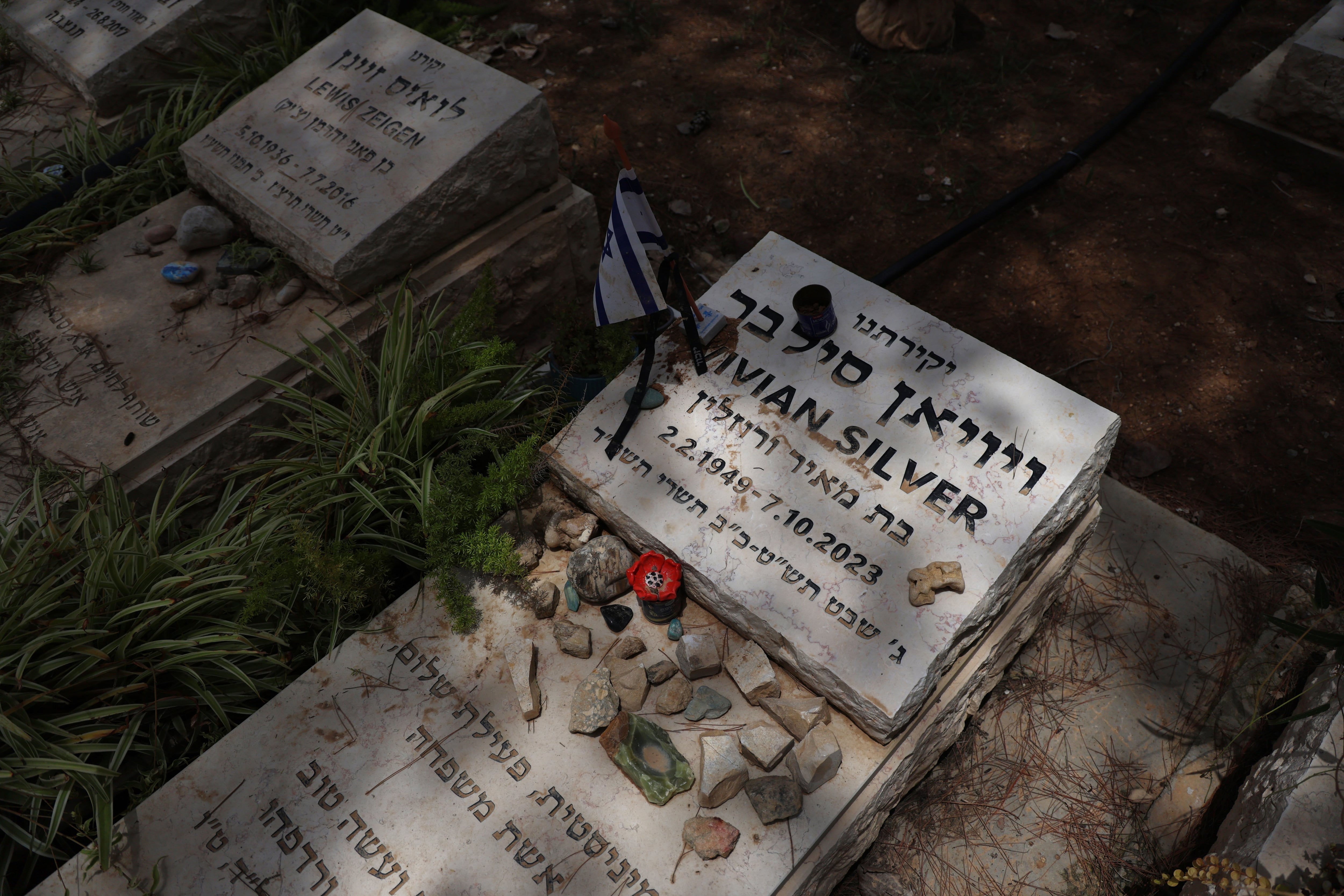 Grave of peace activist Vivian Silver, killed in her Be'eri home during the Hamas attack on October 7, 2023.
