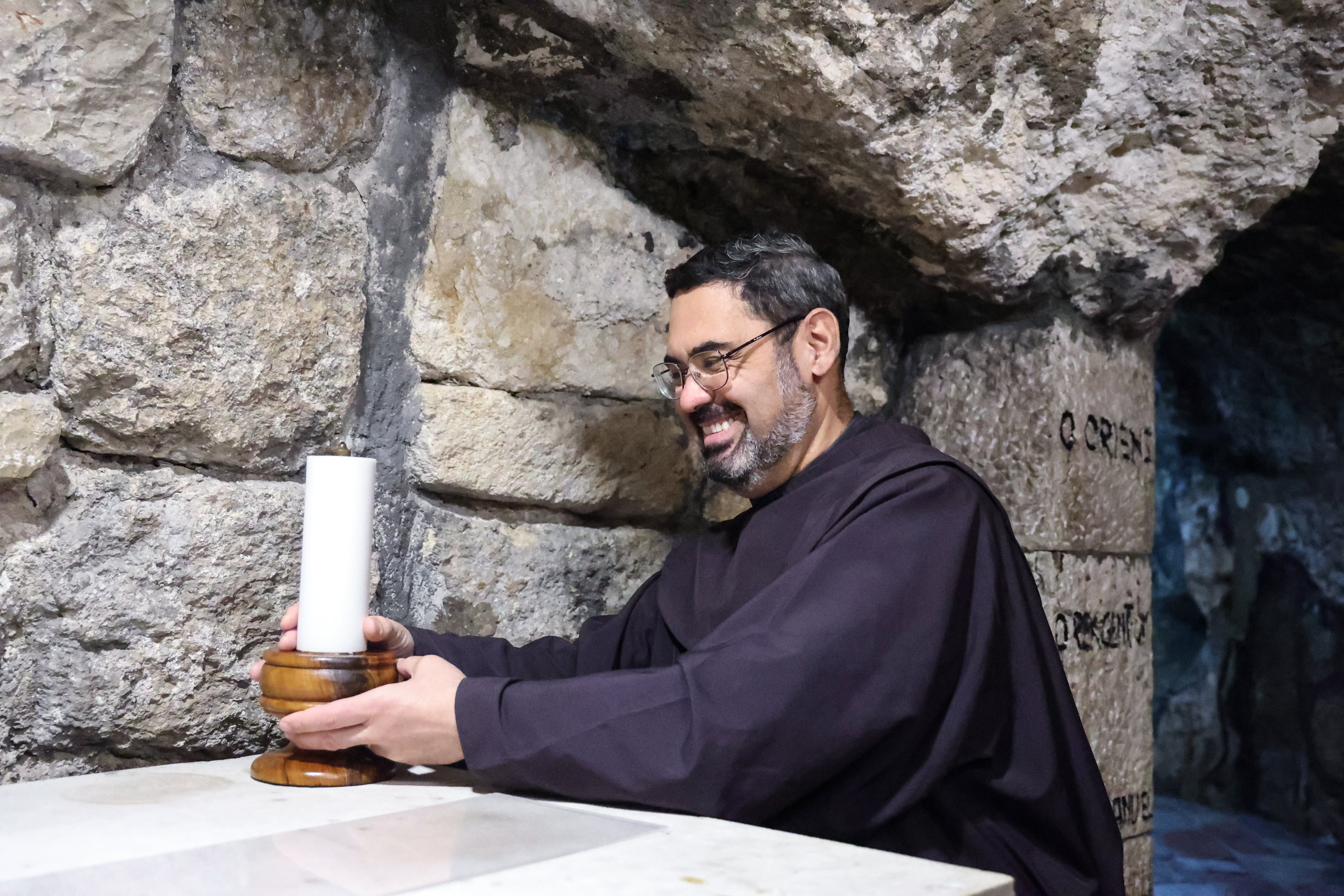 Father Marcelo Ariel Cicchinelli, Franciscan guardian of the Nativity, in the grotto of Saint Joseph, last Wednesday in Bethlehem.