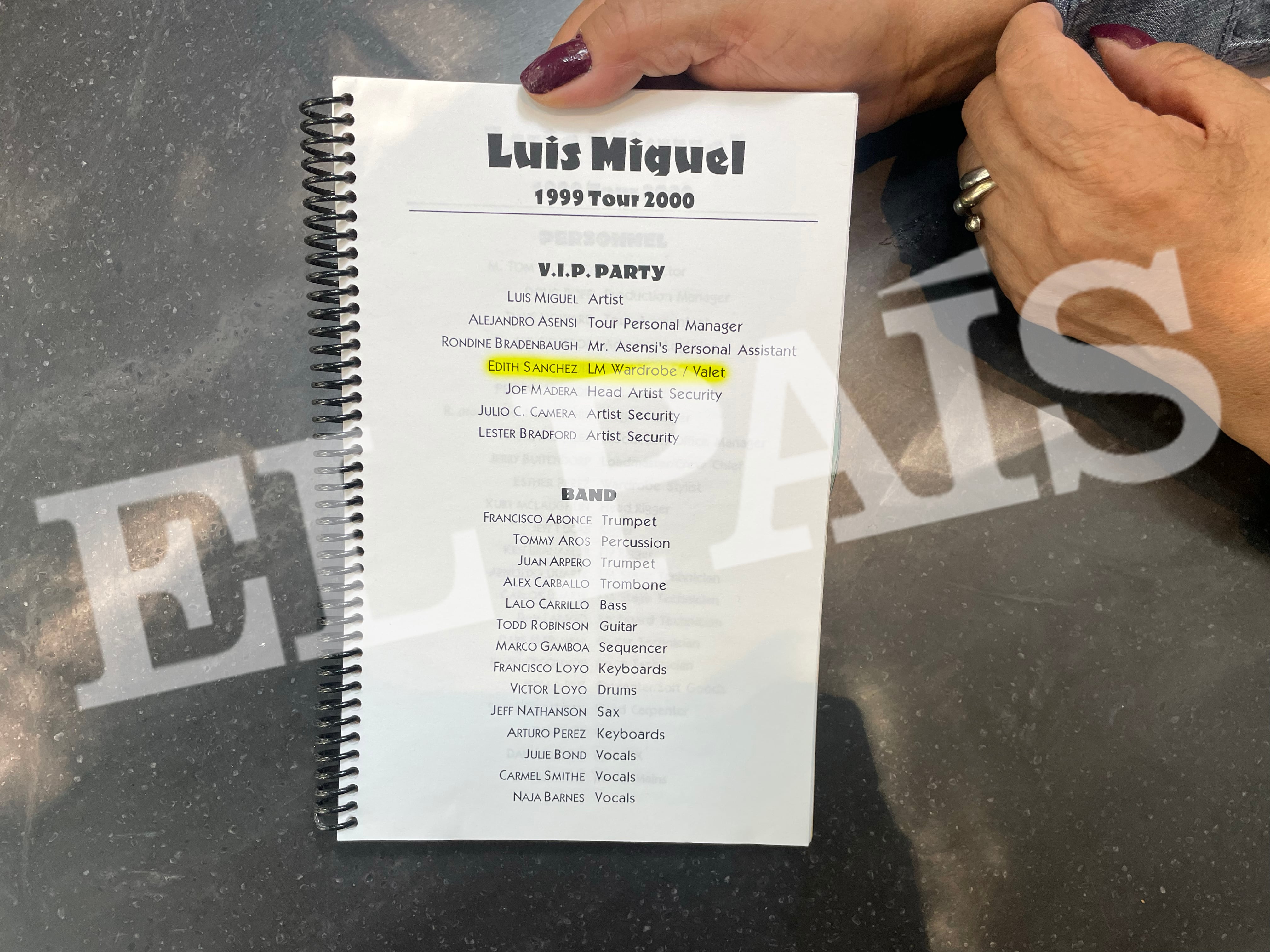 An invitation to a party during Luis Miguel's 1999–2000 tour, featuring the name Edith Sánchez.