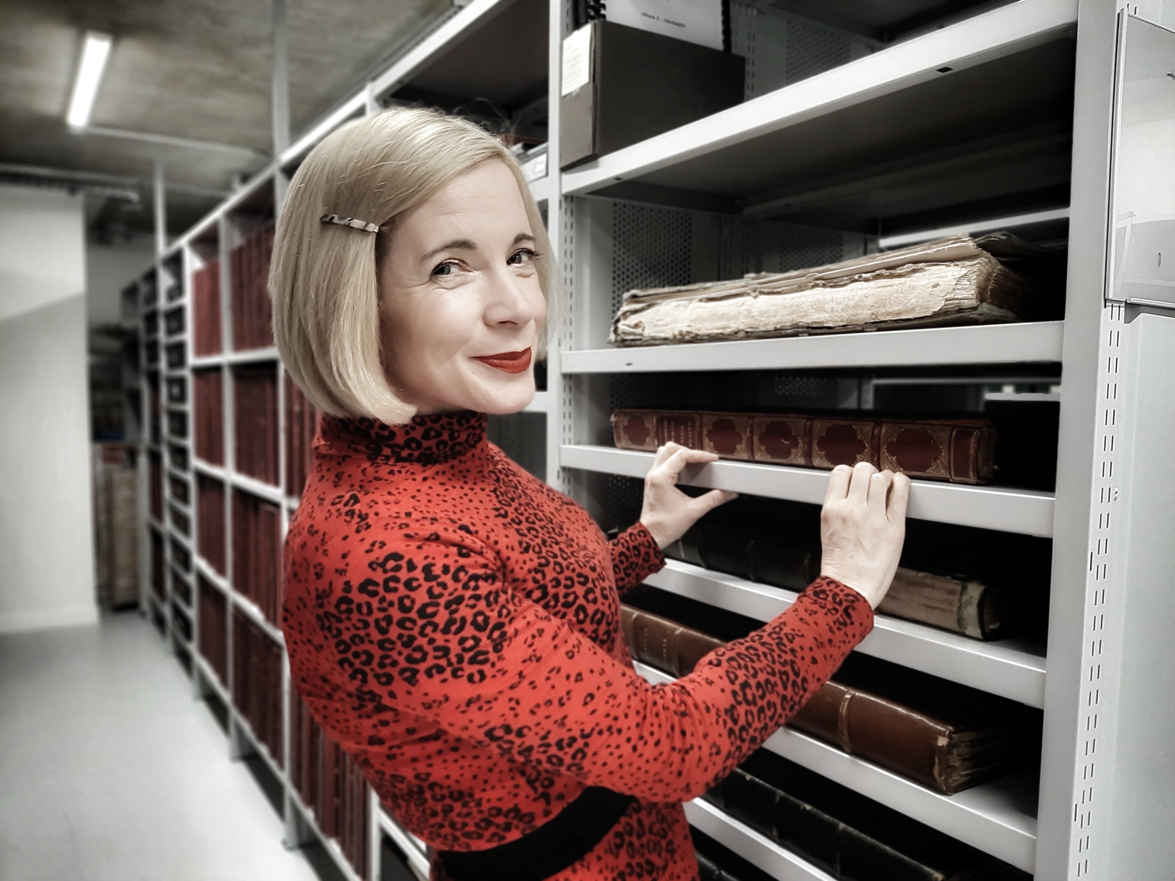 Lucy Worsley in the Historic Royal Palaces archives.