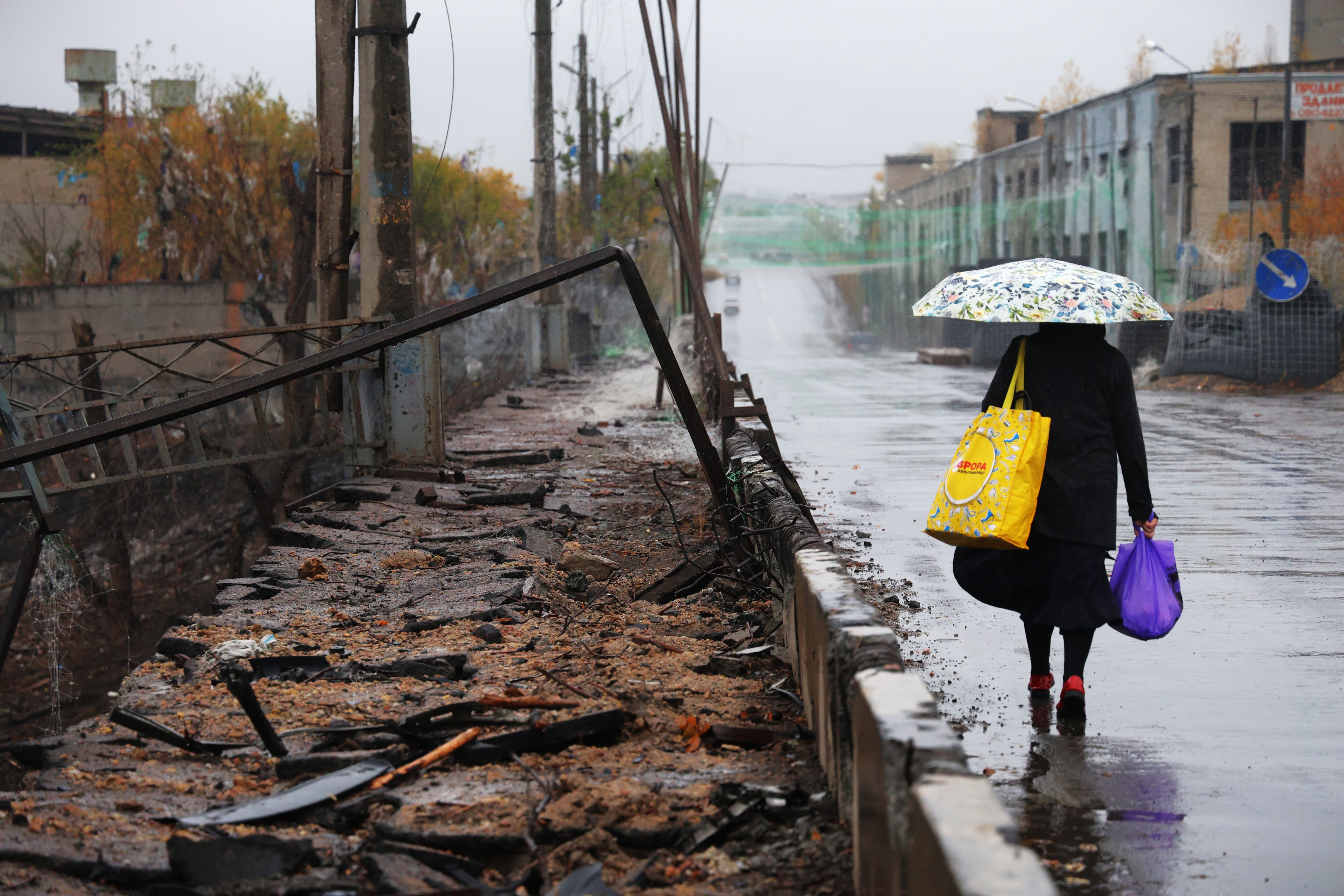 A woman on a street in Kramatorsk, a city under constant Russian bombardment.