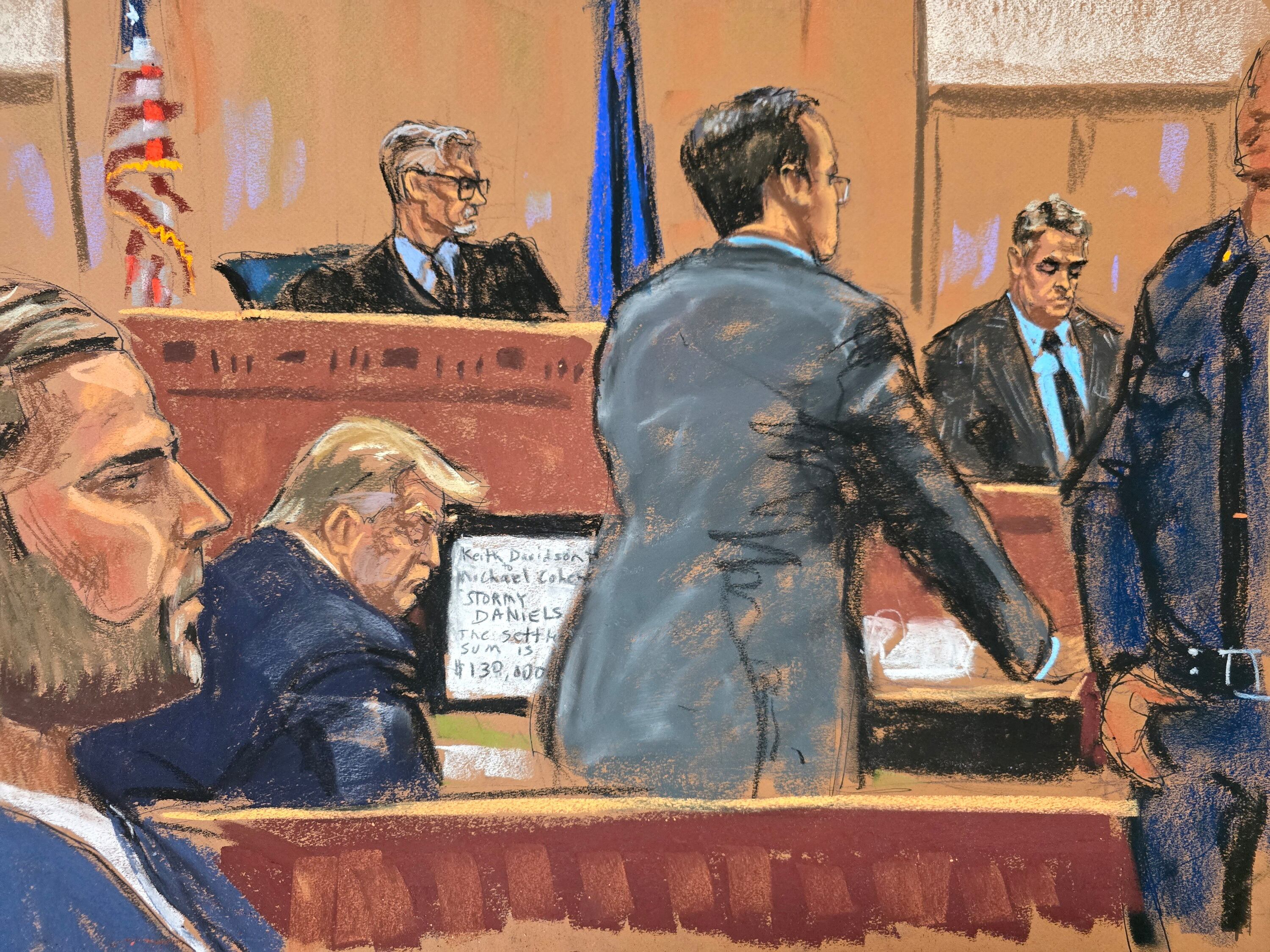 A courtroom sketch of Donald Trump during the Stormy Daniels trial, with Judge Merchan in the background.
