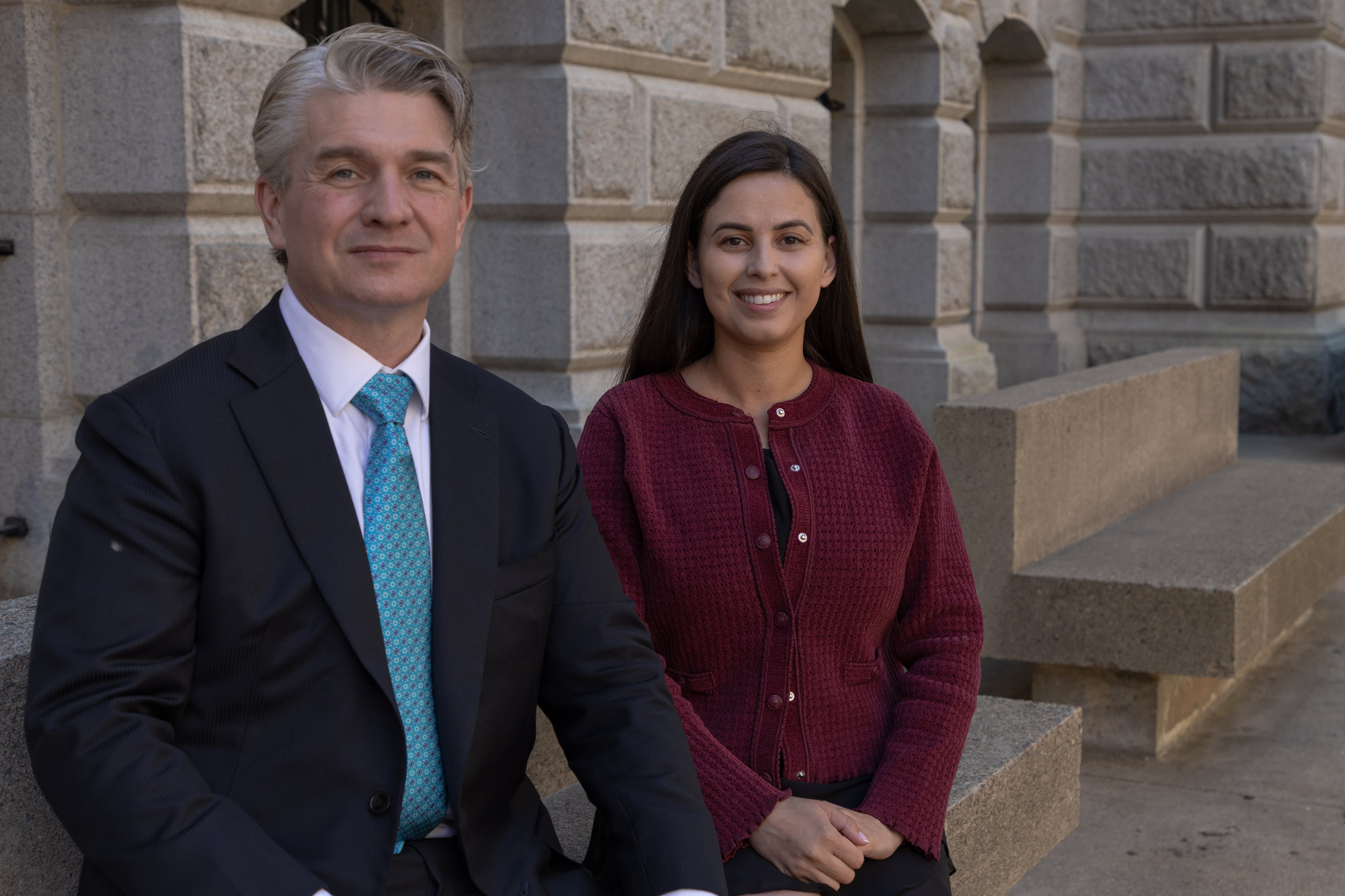 Attorney Todd Pomerleau and Bruna Ferreira in Boston.