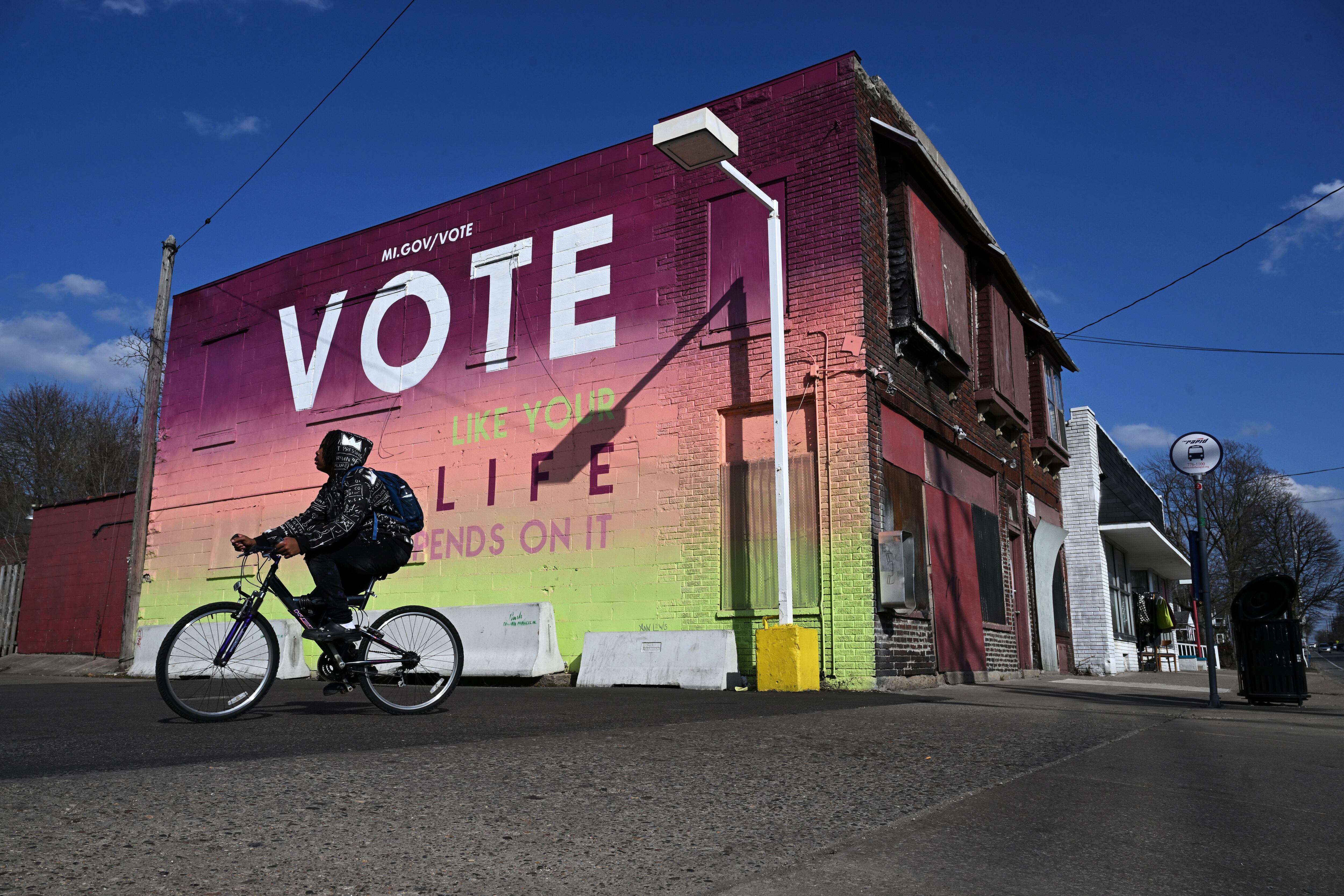 A mural encouraging voting with the slogan “Vote like your life depends on it,” in Michigan, February 27, 2024.