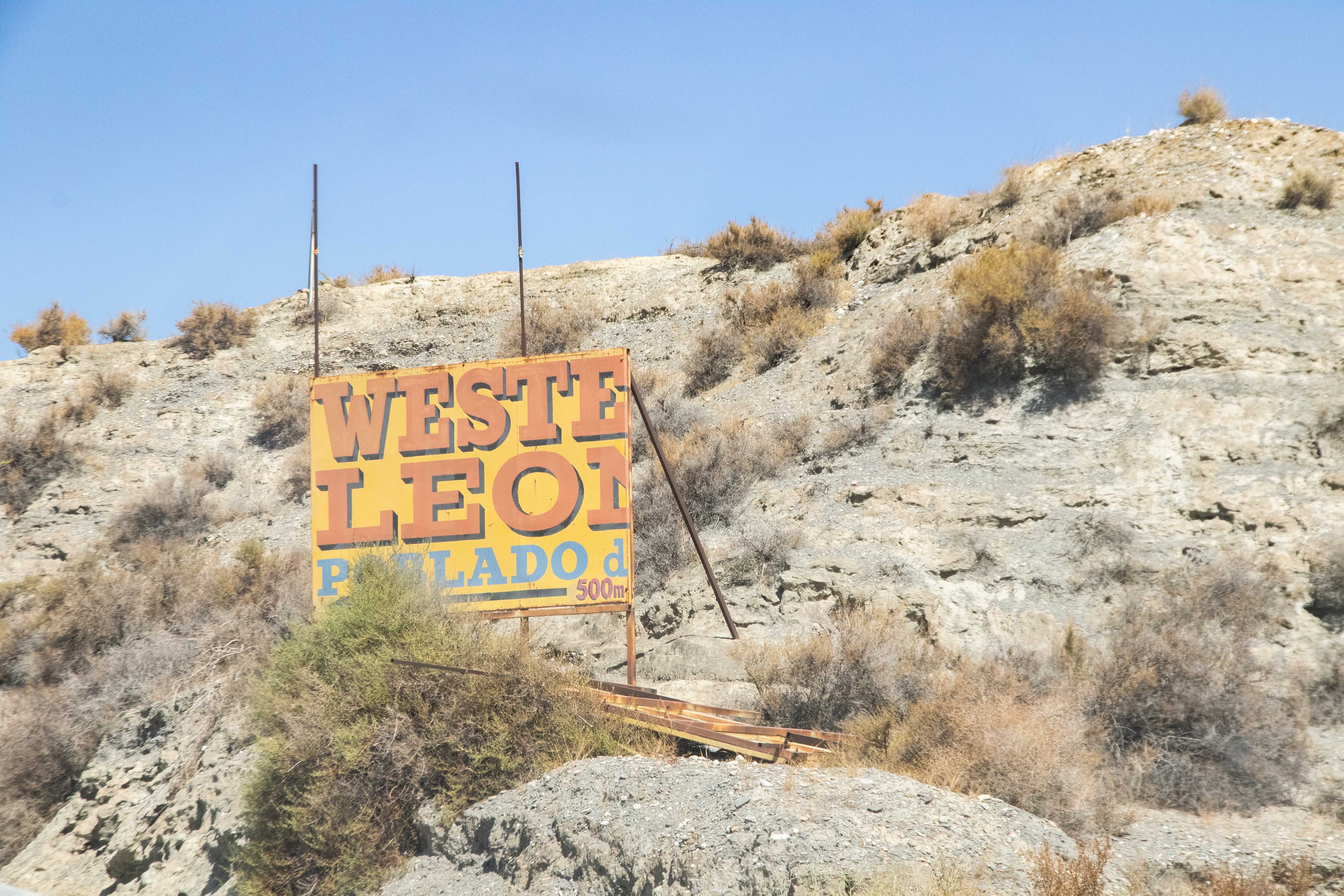 The dilapidated sign announcing the legendary Leone Ranch in Almería.
