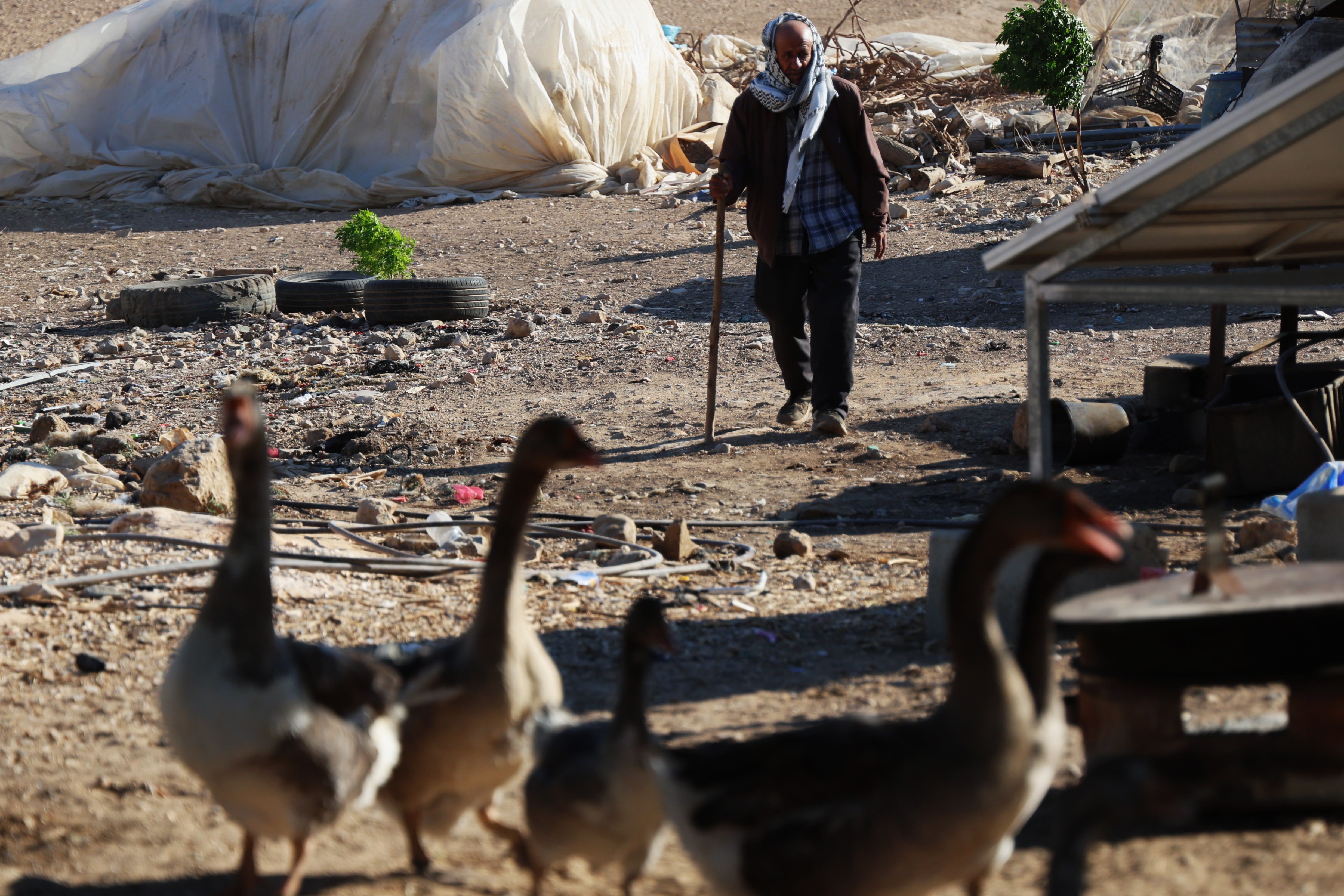 Husein, 70, walks through the community of Farsiya (occupied West Bank) minutes after two young settlers intimidated residents and caused some damage.