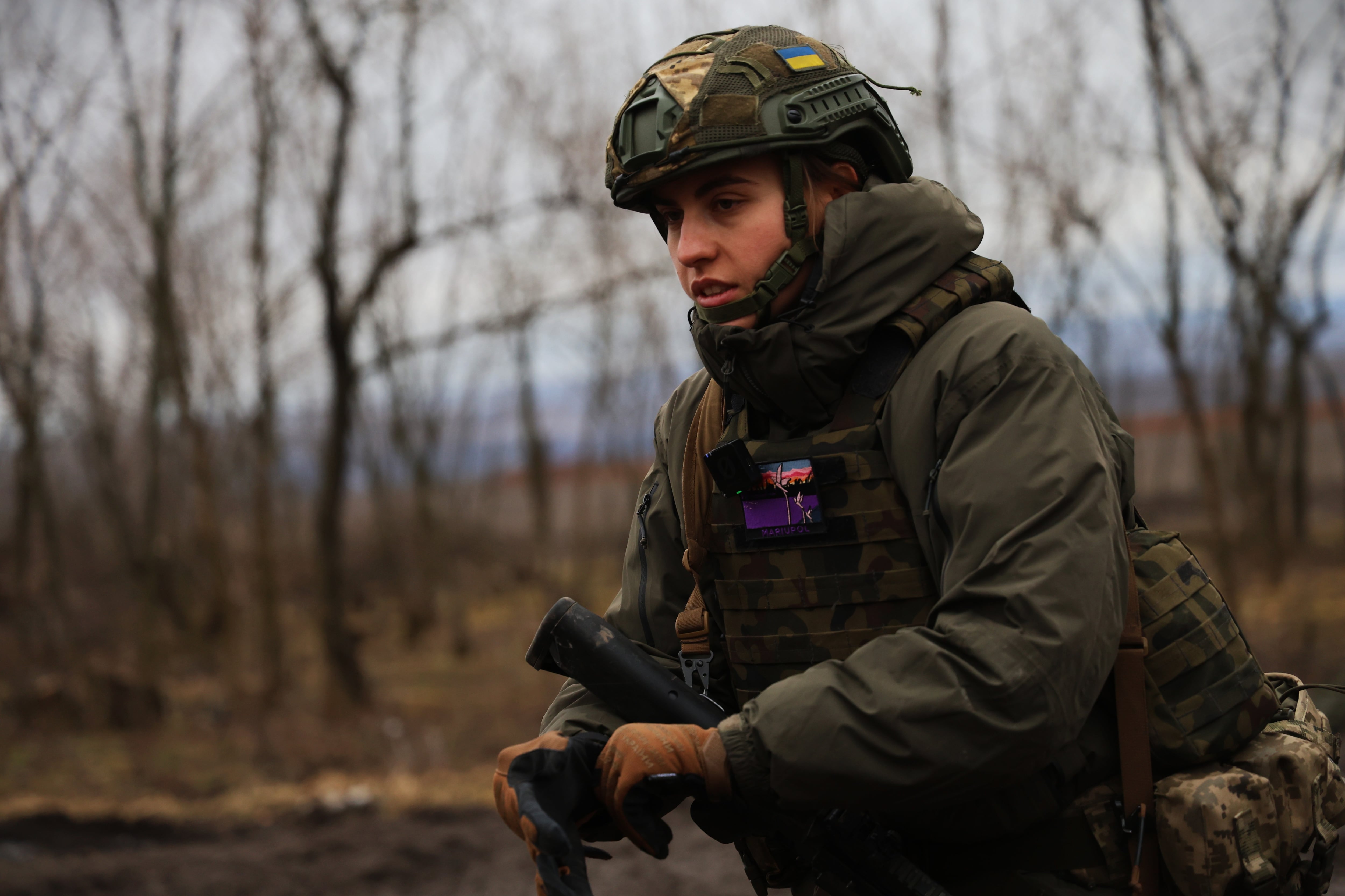 Marina, a soldier in the 93rd Brigade, last March beside one of the positions from which she and her comrades fight Russian drones.