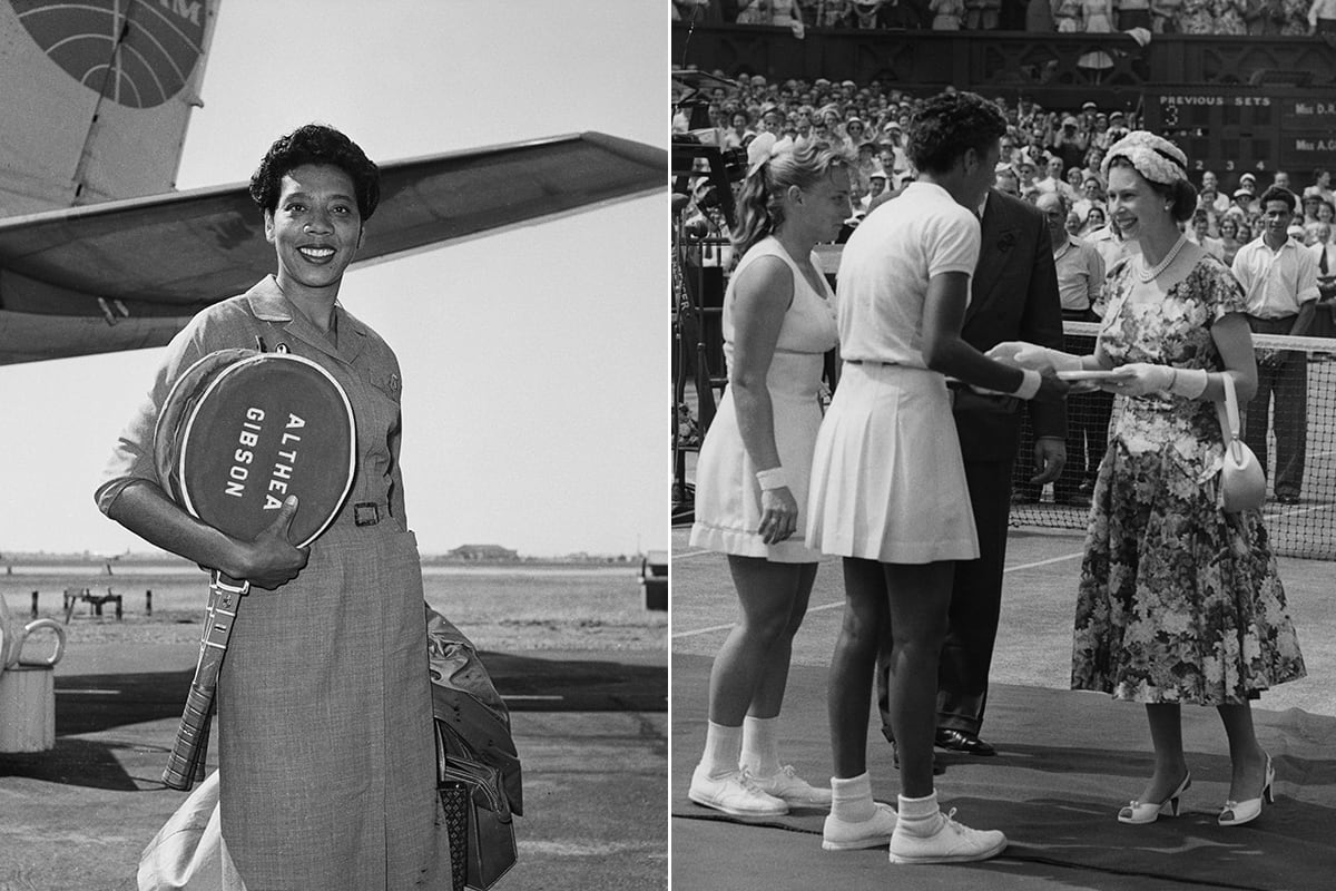 Gibson with her custom-made rackets in 1959 and, right, greeting the late Queen Elizabeth II at Wimbledon in 1957. 
