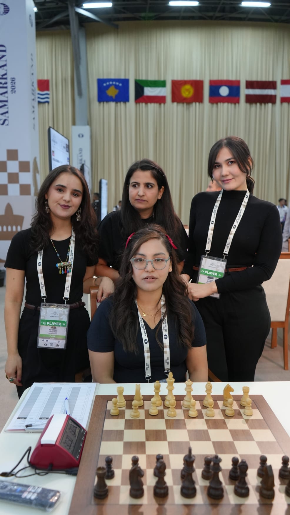The four Afghan female players at the Olympiad, last week in Samarkand. Standing, left to right: Gouham, Azizi and Belqis; sitting: Farahman