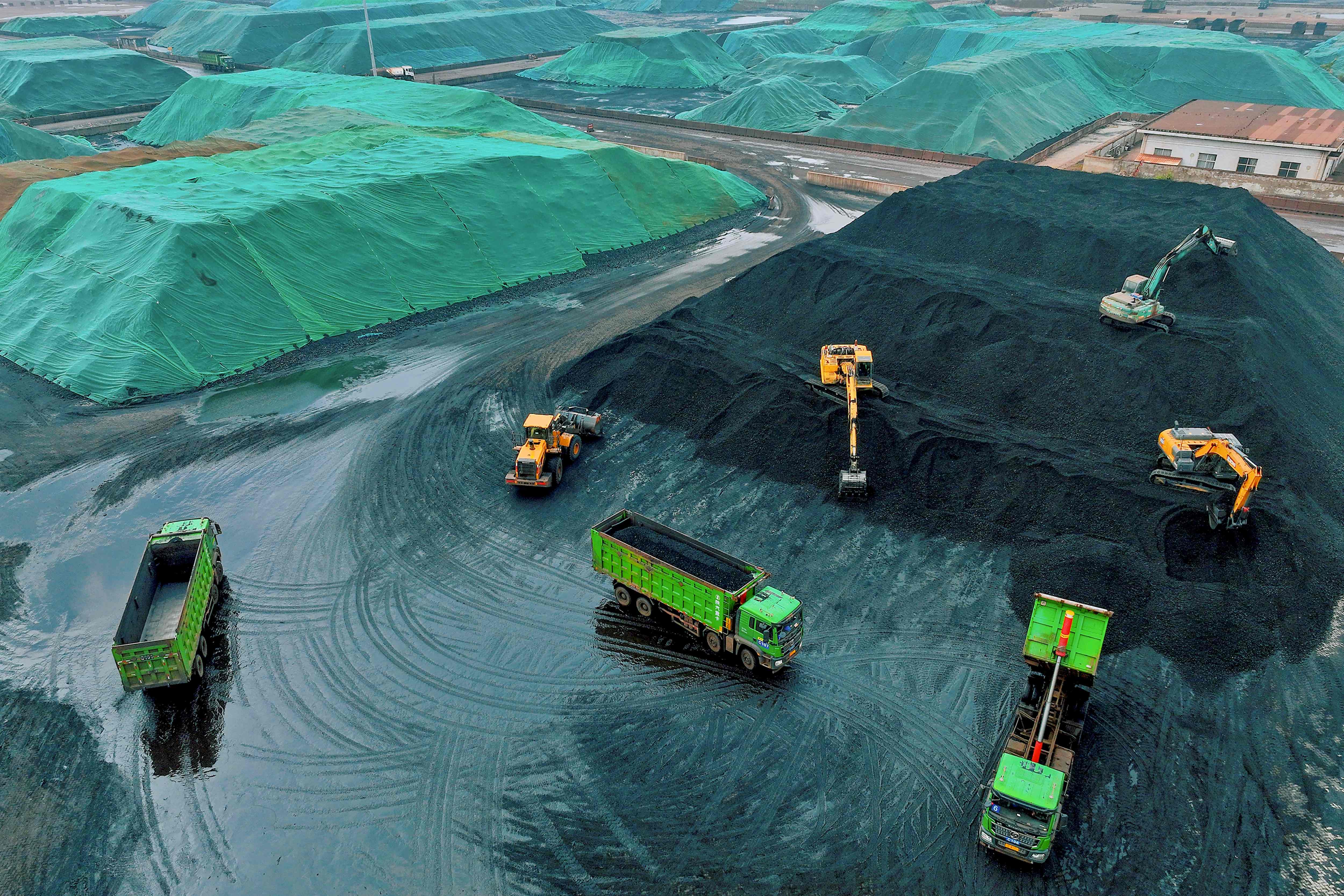 Trucks unload imported coal in Rugao, China, in November 2023.
