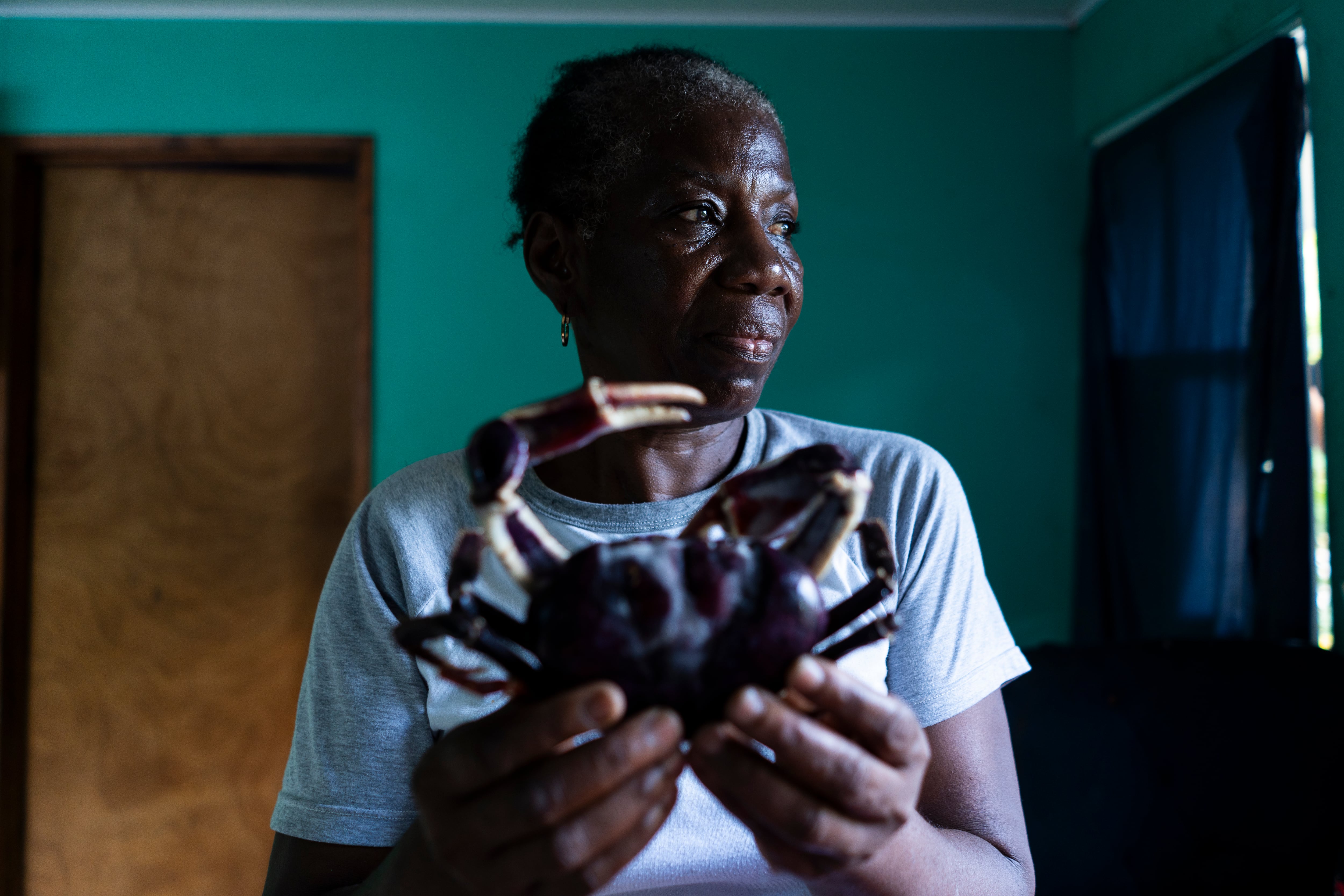 Imarsita Carmelita Livingstone holds a black crab she has kept frozen since before Providencia’s annual closed season began.