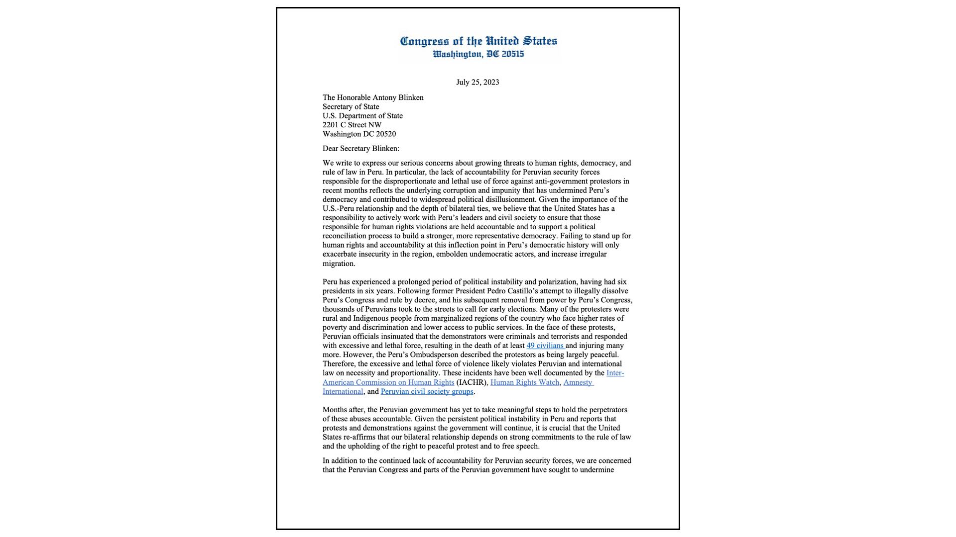 The first page of the letter from the group of Democratic congresspeople to Secretary of State Antony Blinken.