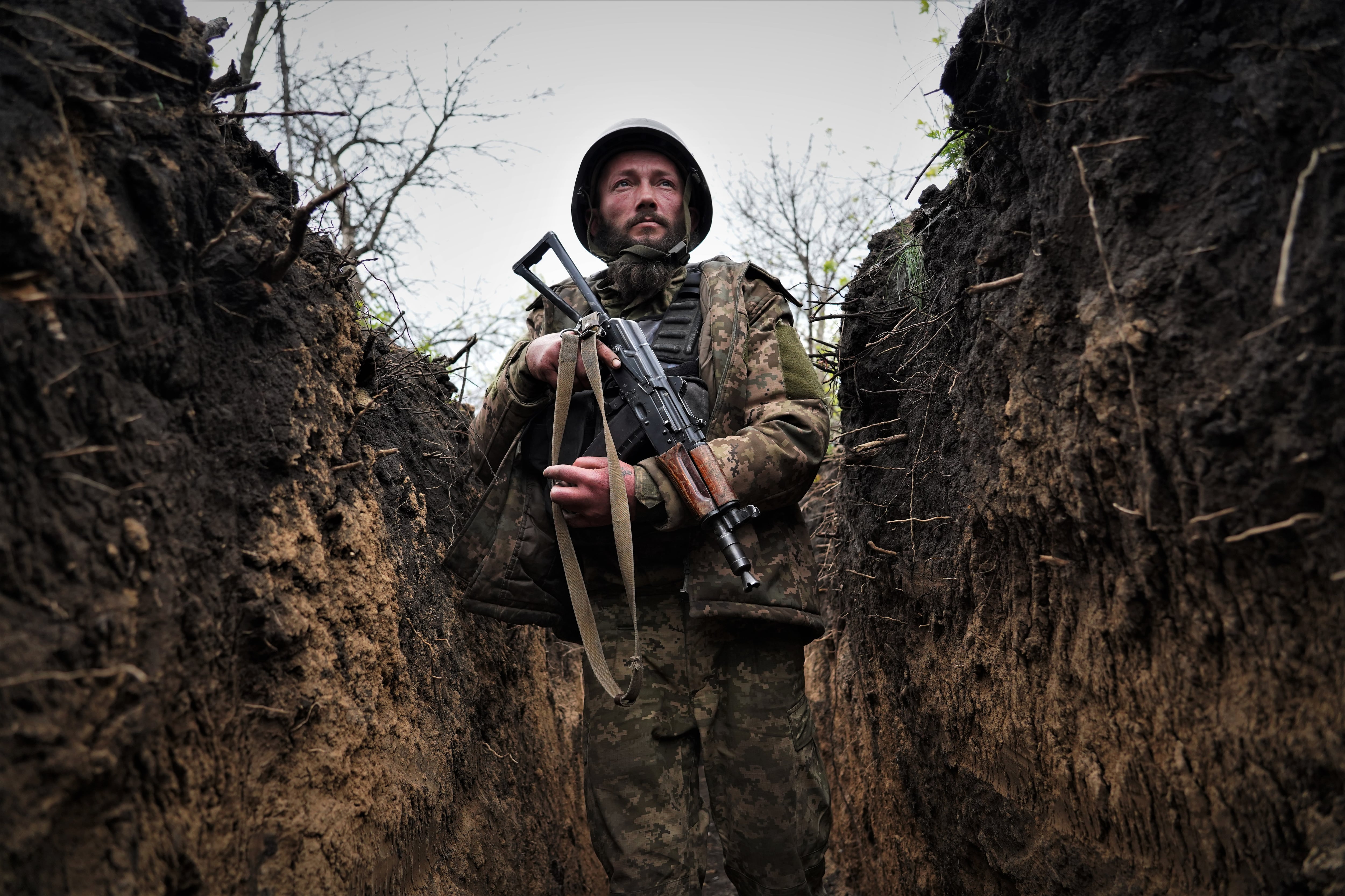 A Ukrainian soldier in a trench on the Donetsk front, in 2023.
