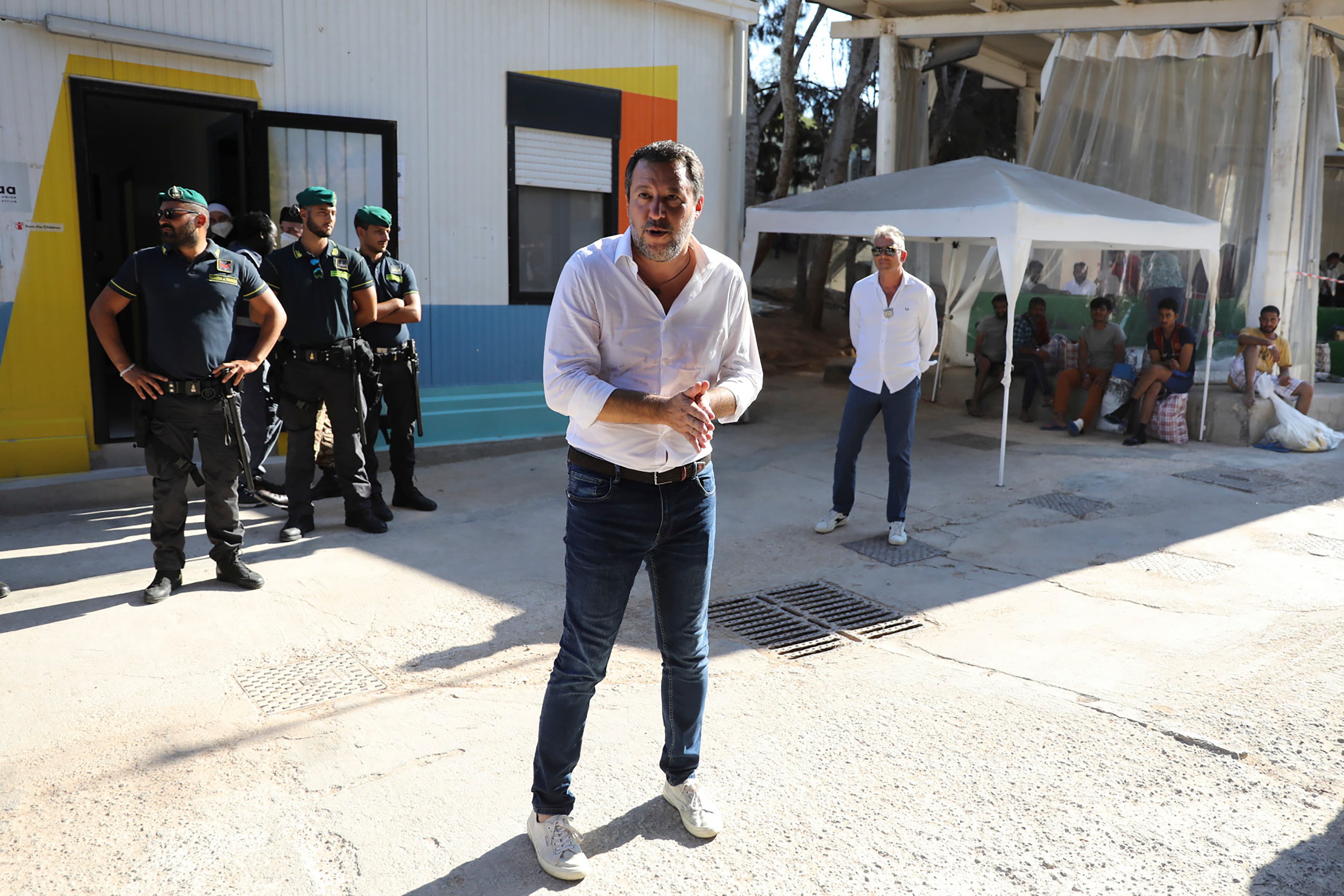 Matteo Salvini of the Northern League visits a refugee reception center on the Sicilian island of Lampedusa, in August 2022.