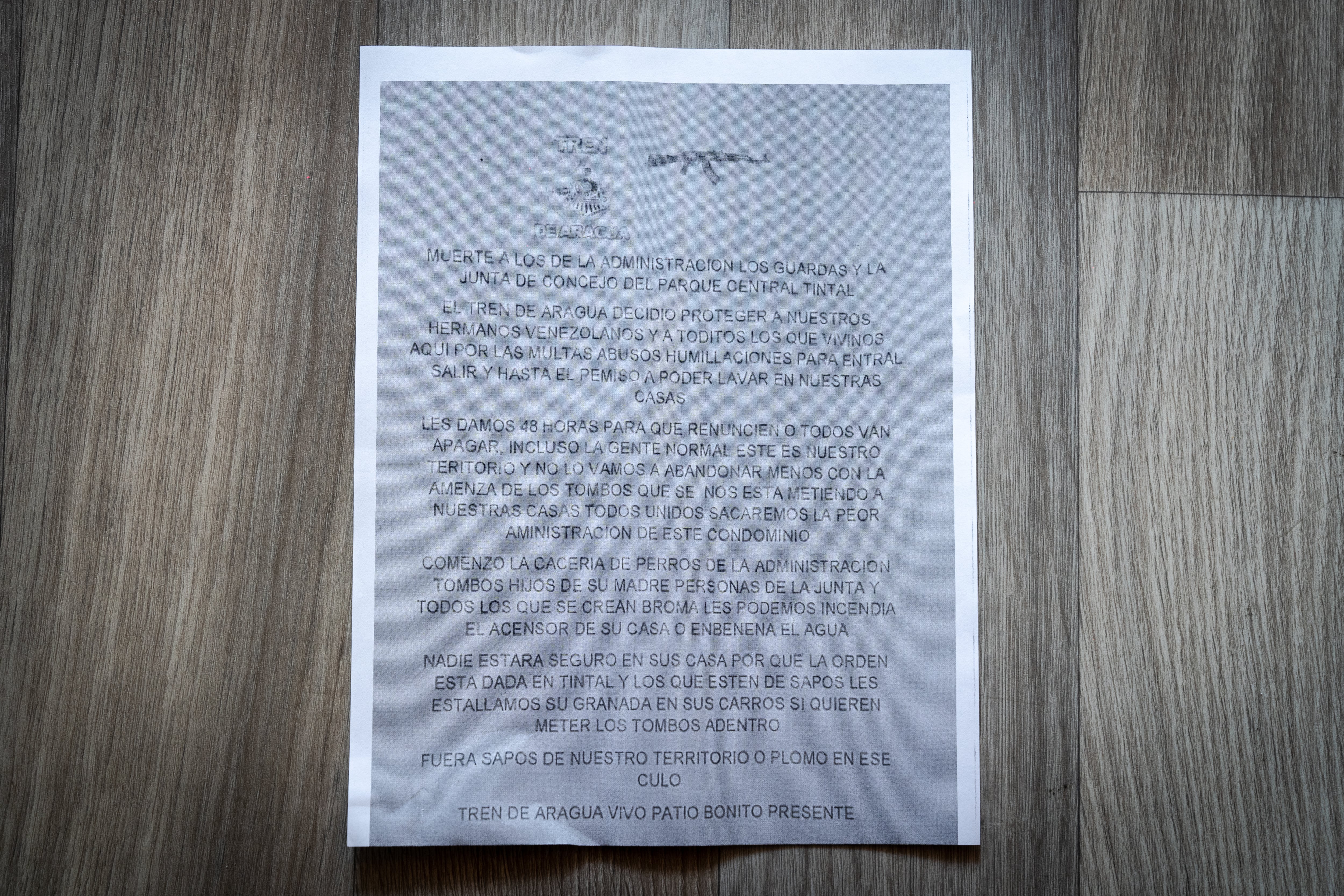 Threat signed by Tren de Aragua against a residential complex in Bogotá (Colombia) on February 23, 2023.