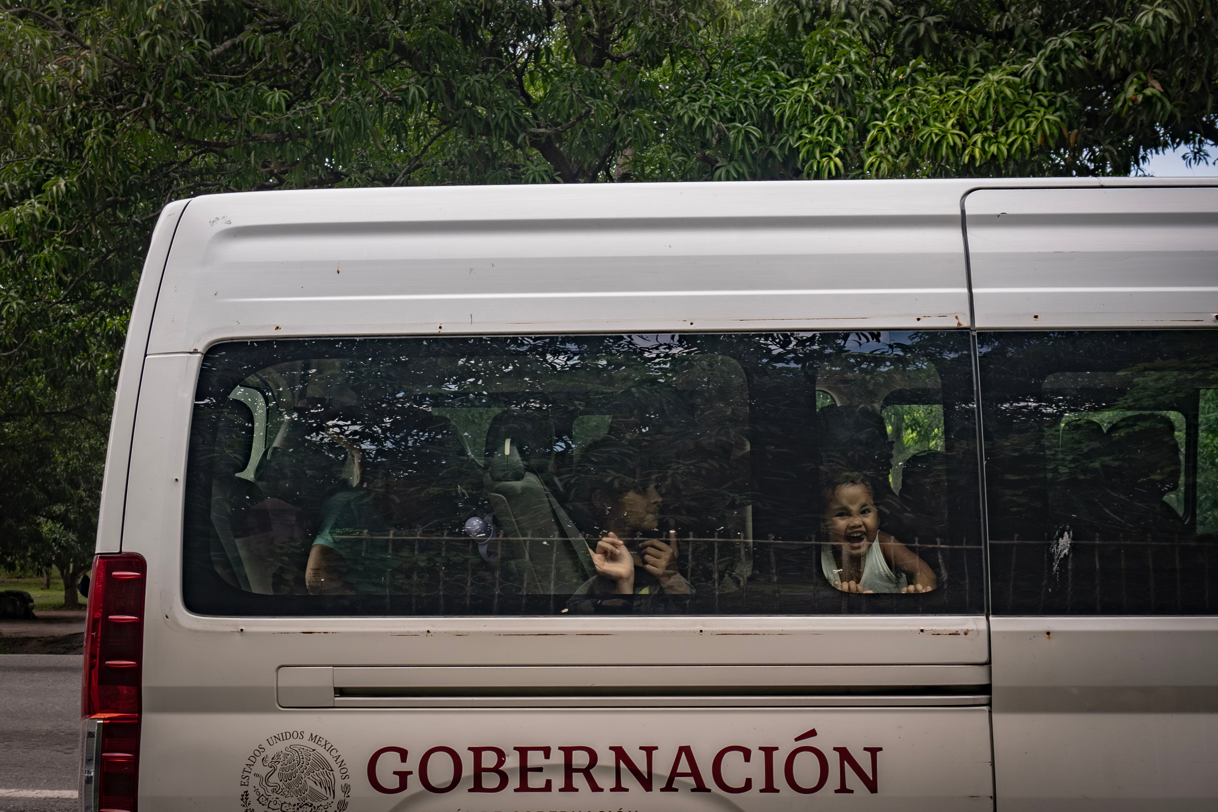 Girls in a van from the National Migration Institute, on a road in Tapachula, Chiapas, on October 7, 2024.