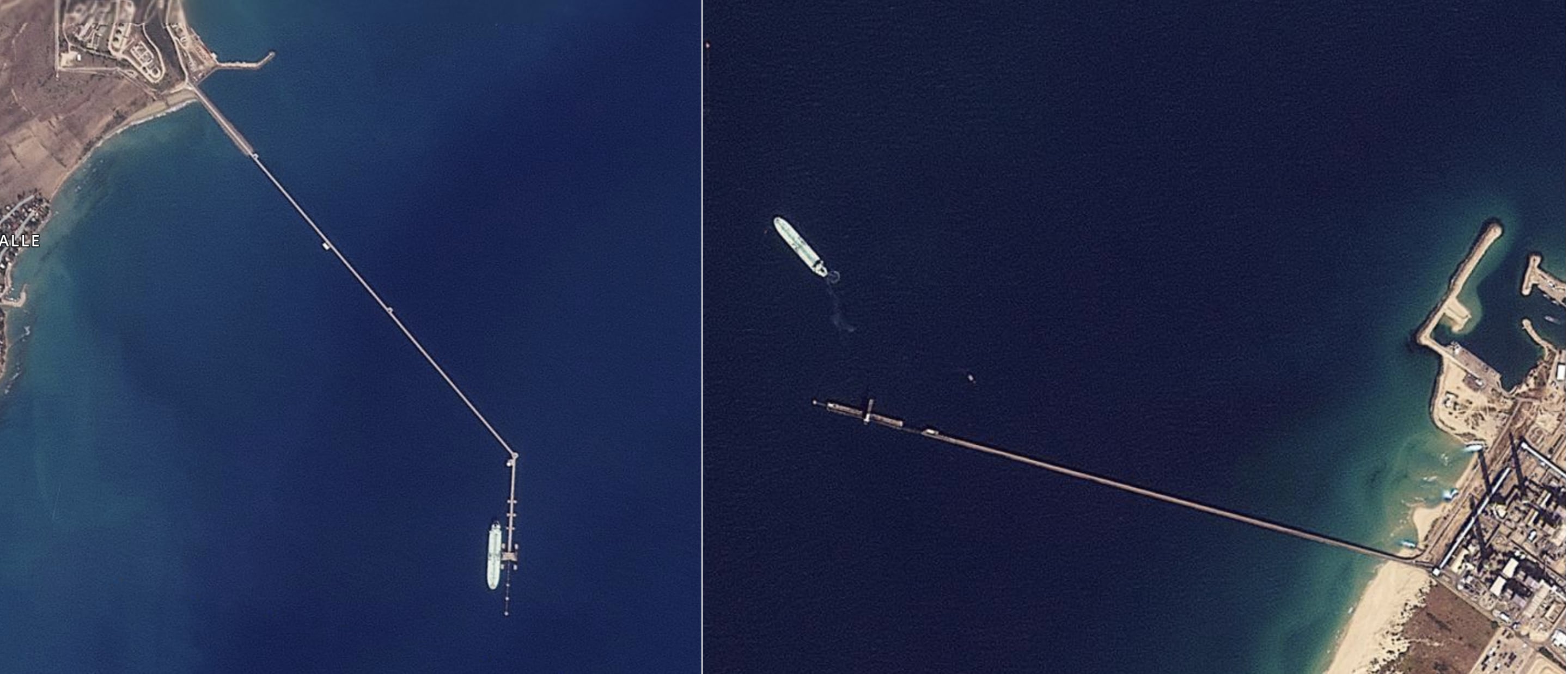 Satellite images in which the oil tanker ‘Nissos Ios’ is seen shipping crude oil in the BTC terminal of Ceyhan, Turkey on October 20 (left) and at the EAPC terminal fo the Ashkelon, Israel port on October 22 (right), despite having declared its destination as Port Said, Egypt.